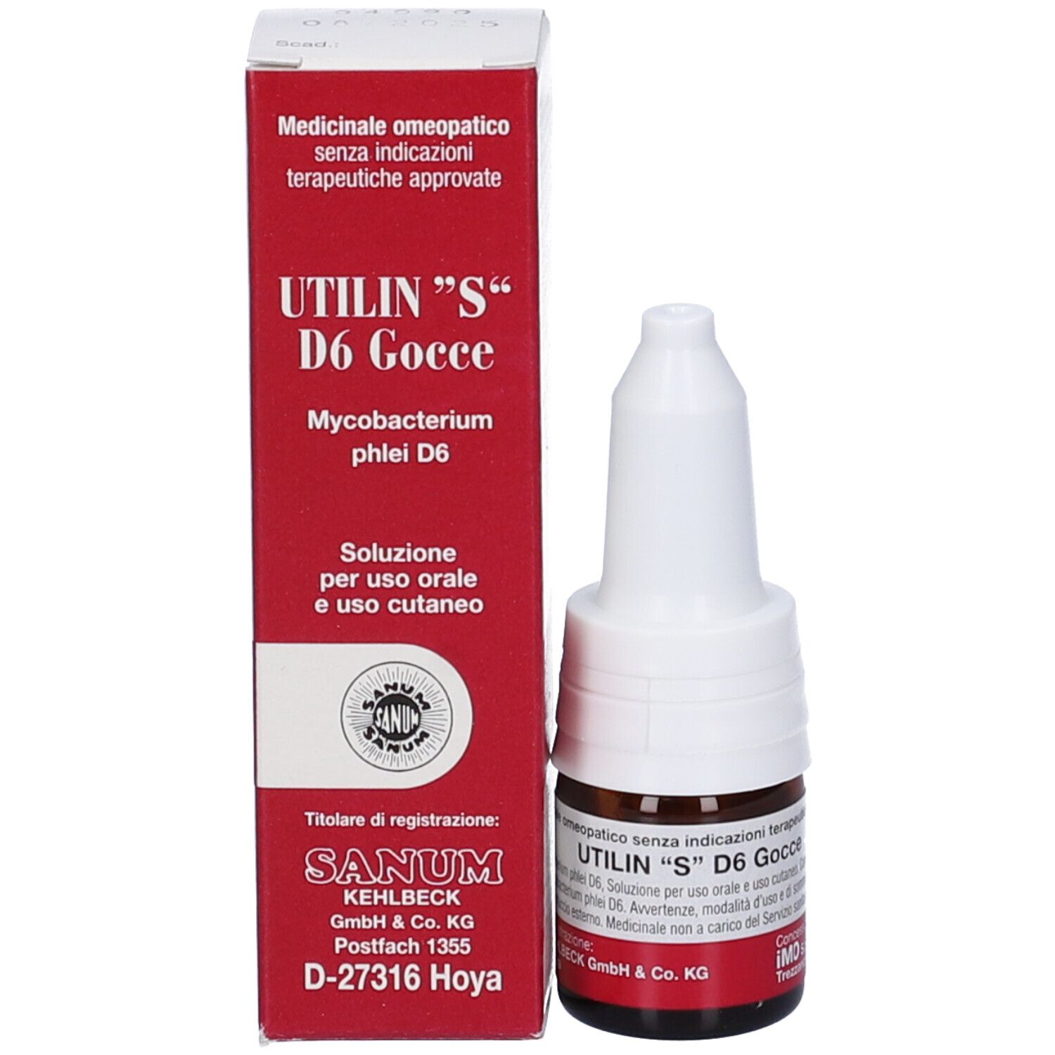 Scatola rossa con testo bianco. Scritta: UTILIN "S" D6 Gocce. Flacone di vetro marrone con contagocce.