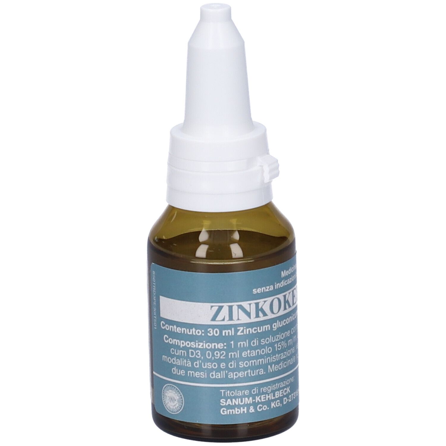 Flacone di vetro marrone con tappo bianco. Scritta: ZINKOKEHL. Contiene 30 ml di soluzione. Prodotto medico.