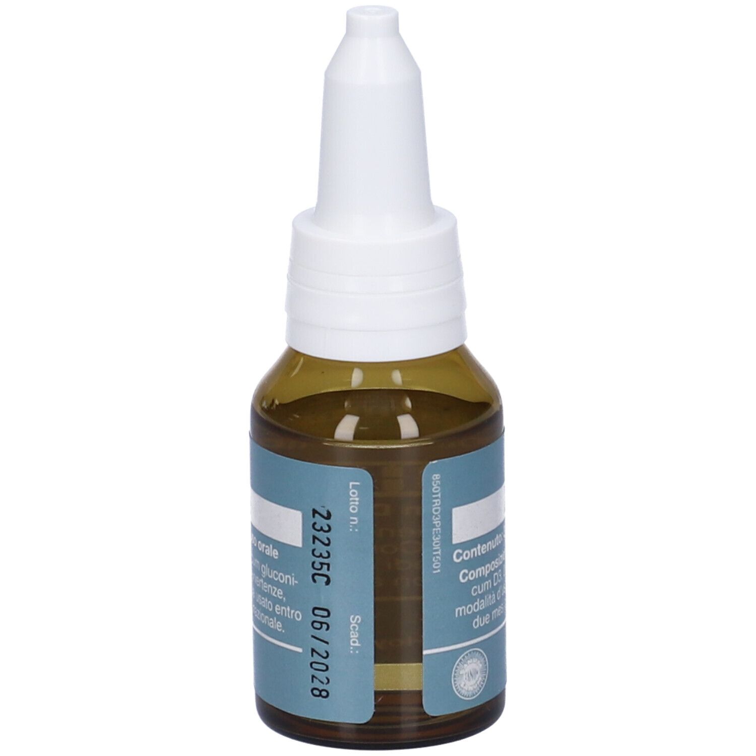 Flacone di vetro marrone con tappo bianco. Scritta: ZINKOKEHL D3 Gocce. Etichetta con numero di lotto e scadenza.