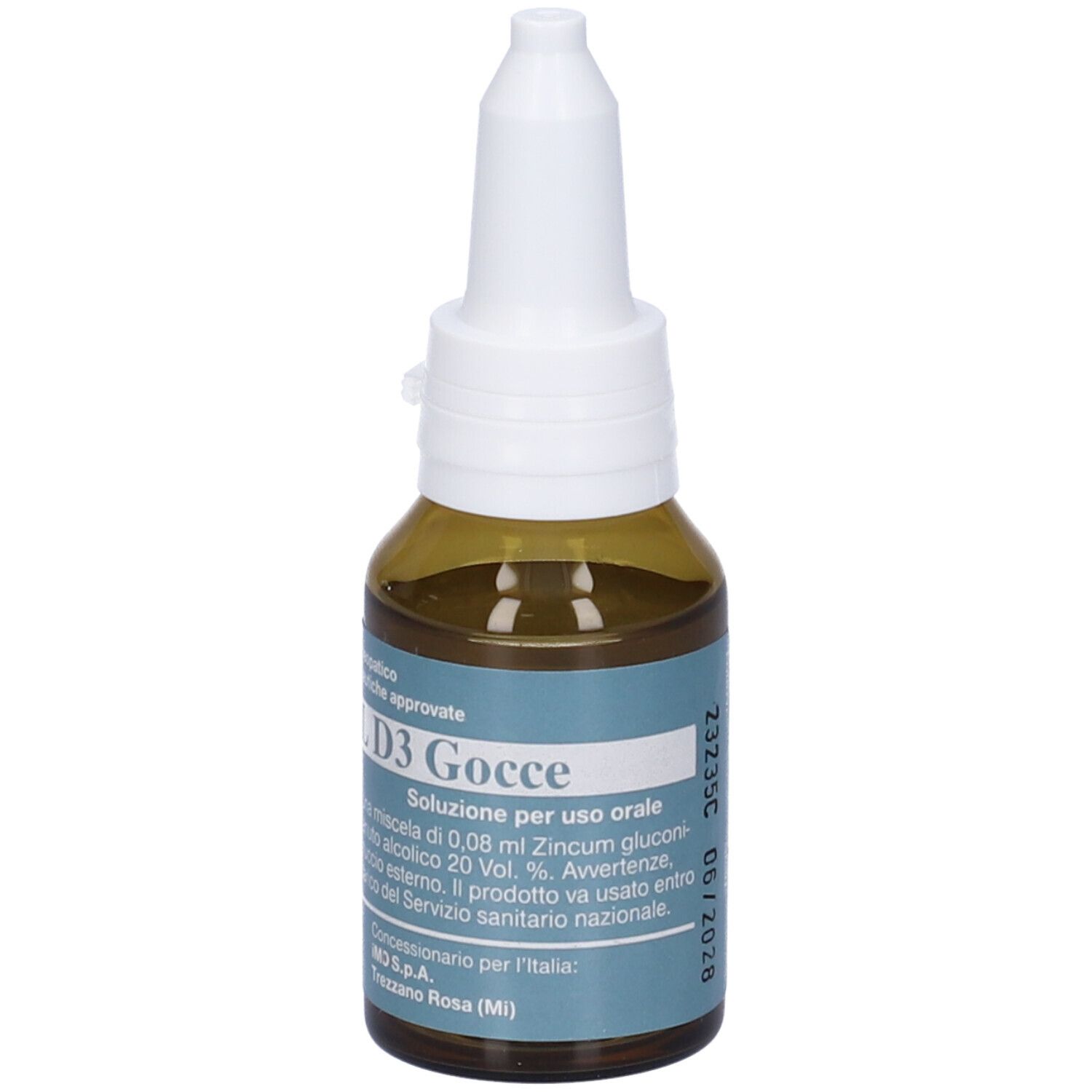 Flacone di vetro marrone con tappo bianco. Scritta: D3 Gocce. Soluzione per uso orale. Prodotto medico.