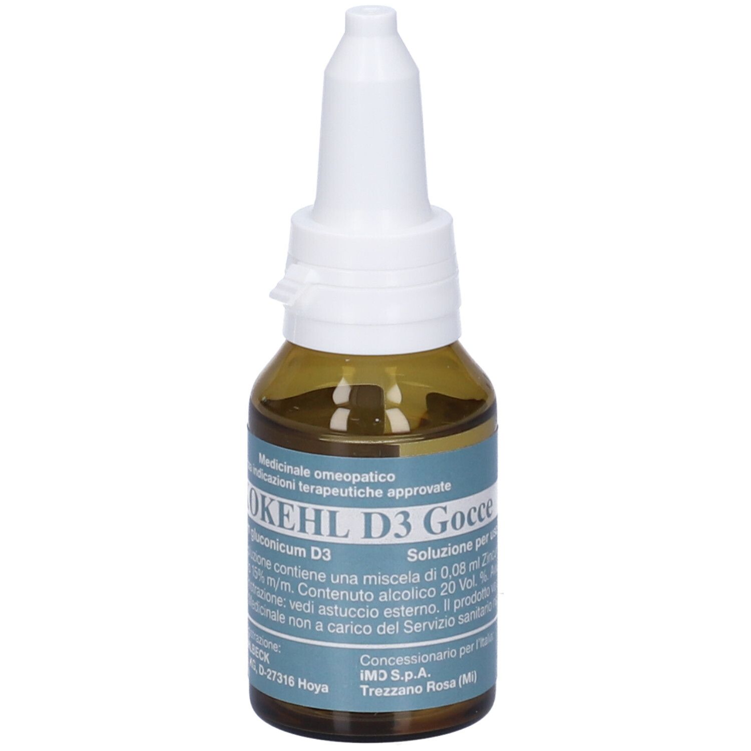 Flacone di vetro marrone con tappo bianco. Scritta: ZINKOKEHL D3 Gocce. Prodotto medico.