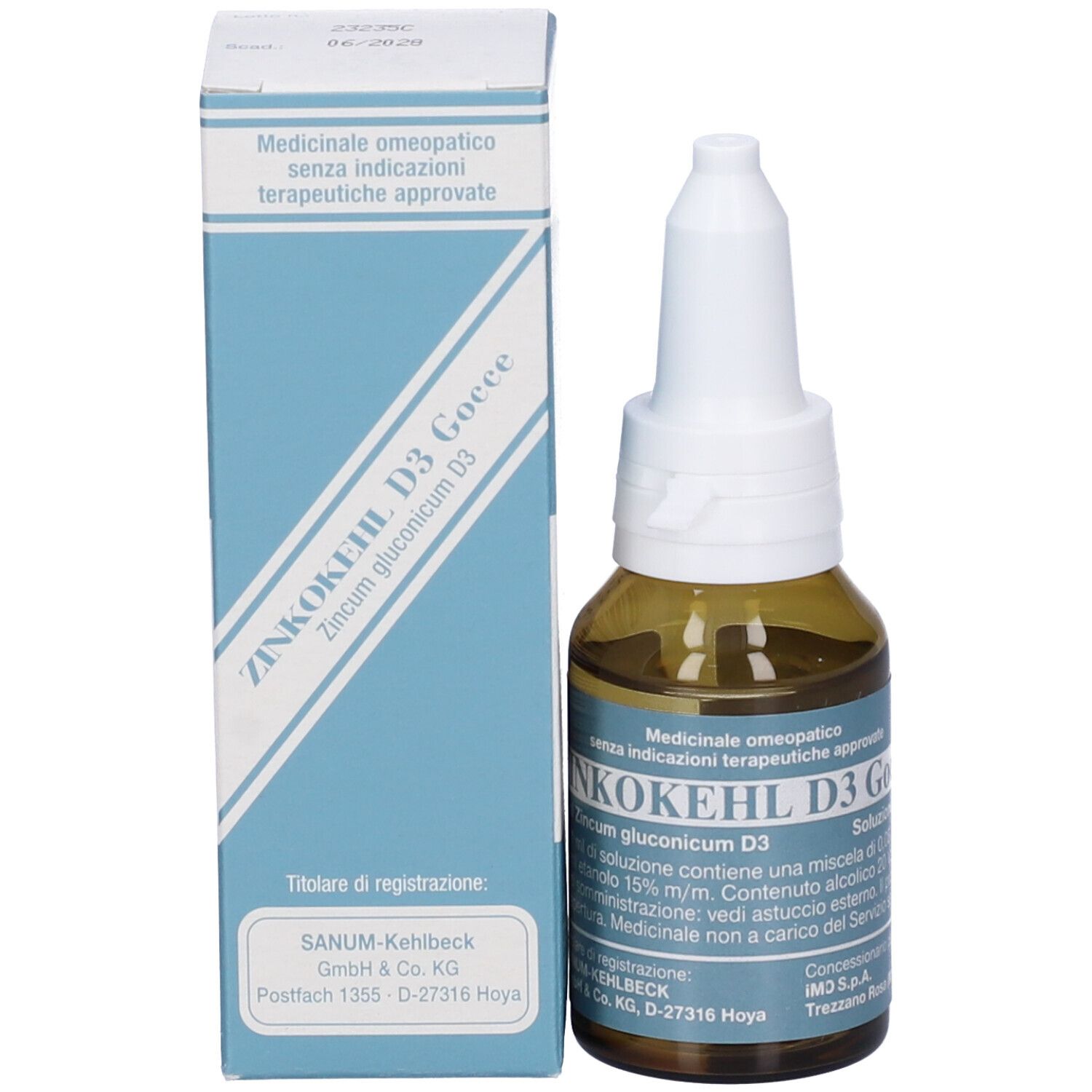 Flacone di vetro marrone con tappo bianco e confezione blu. Scritta: ZINKOKEHL D3 Gocce. Prodotto medico.