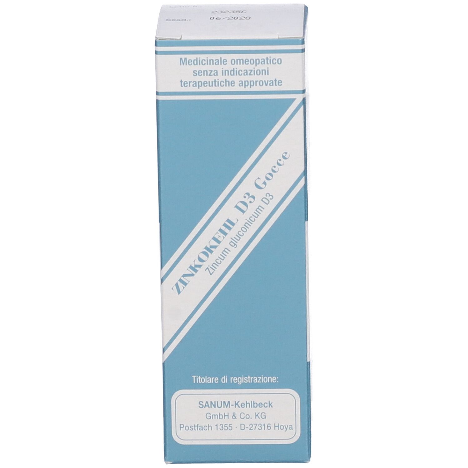 Confezione blu con testo bianco. Scritta: ZINKOKEHL D3 Gocce. Prodotto medico.