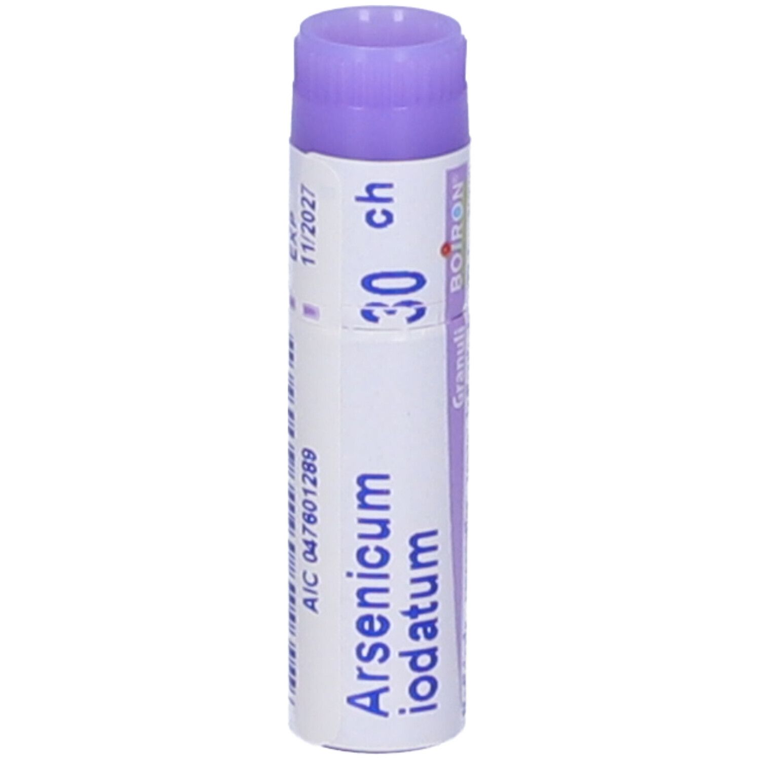 Confezione cilindrica con coperchio viola. Scritta: Arsenicum iodatum 30 ch, BOIRON.