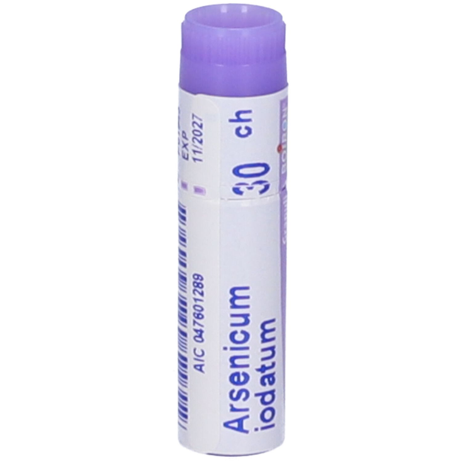 Confezione cilindrica con coperchio viola. Scritta: Arsenicum iodatum 30 ch.