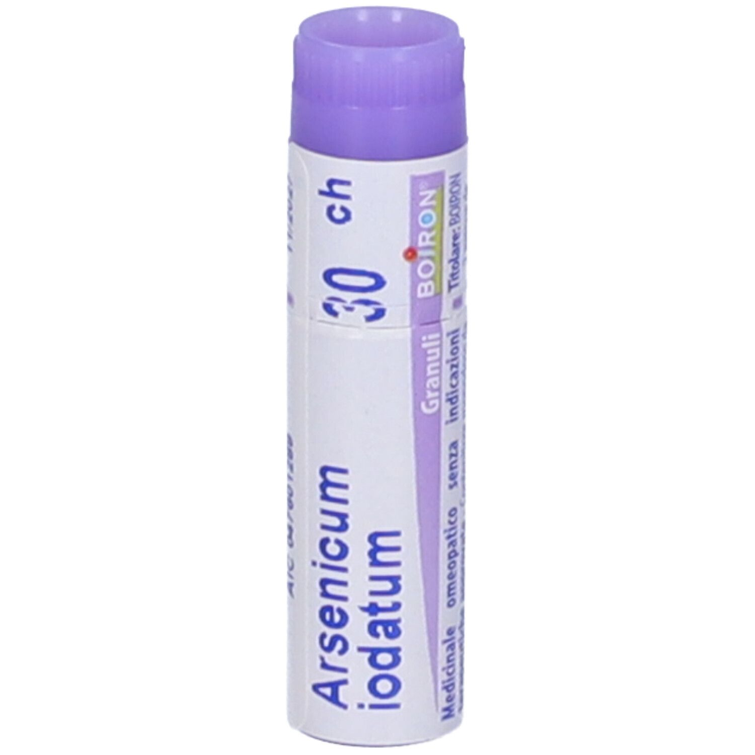 Confezione cilindrica con coperchio viola. Scritta: Arsenicum iodatum 30 ch, BOIRON.