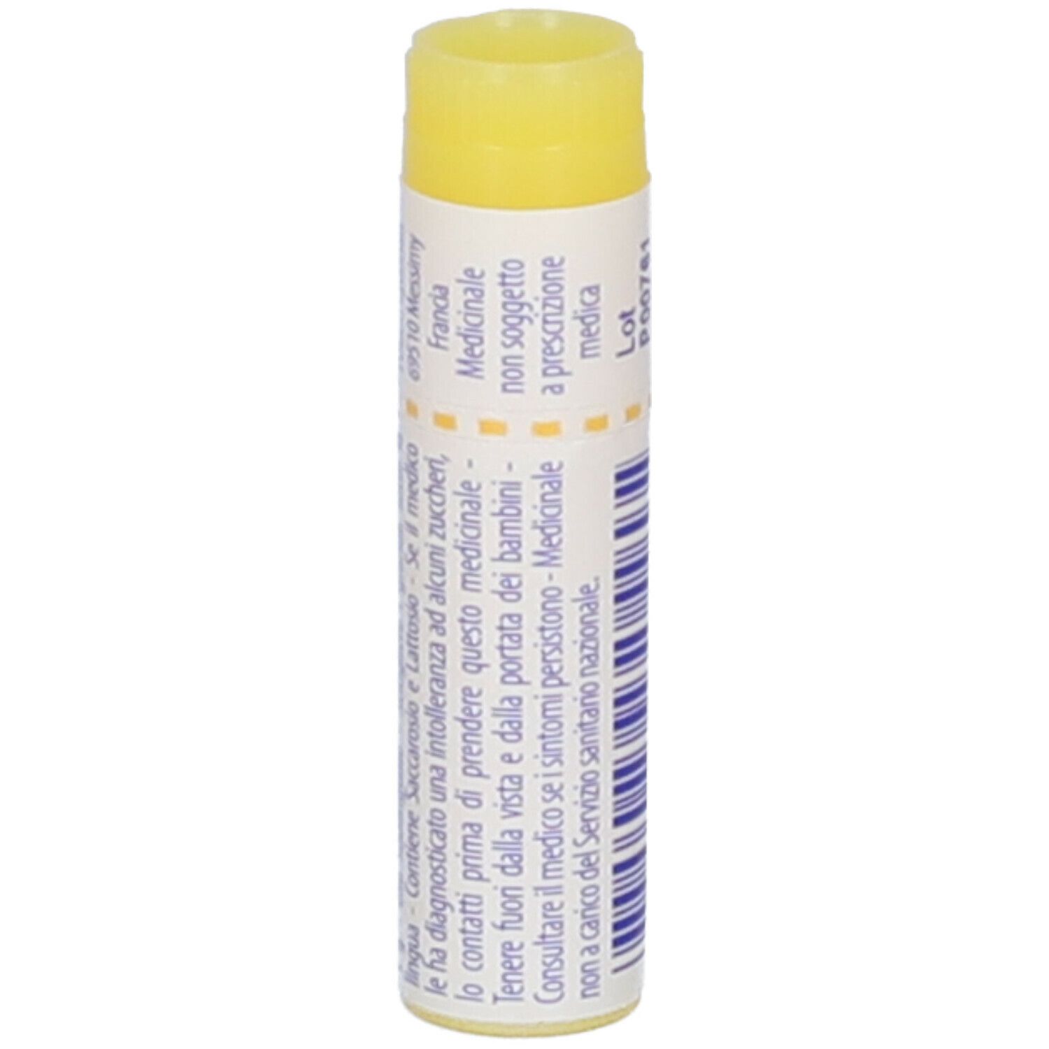 Tubo bianco e giallo di Aurum metallicum. Informazioni stampate e codice a barre.