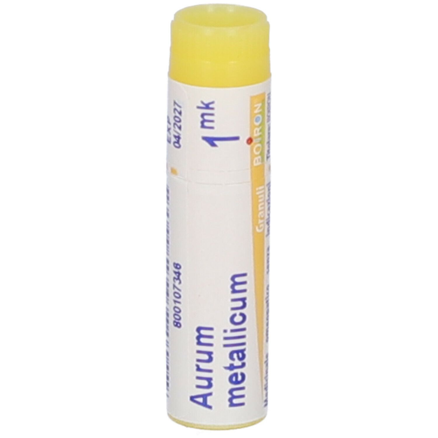 Tubo bianco e giallo di Aurum metallicum 1 mk. Informazioni stampate e codice a barre.