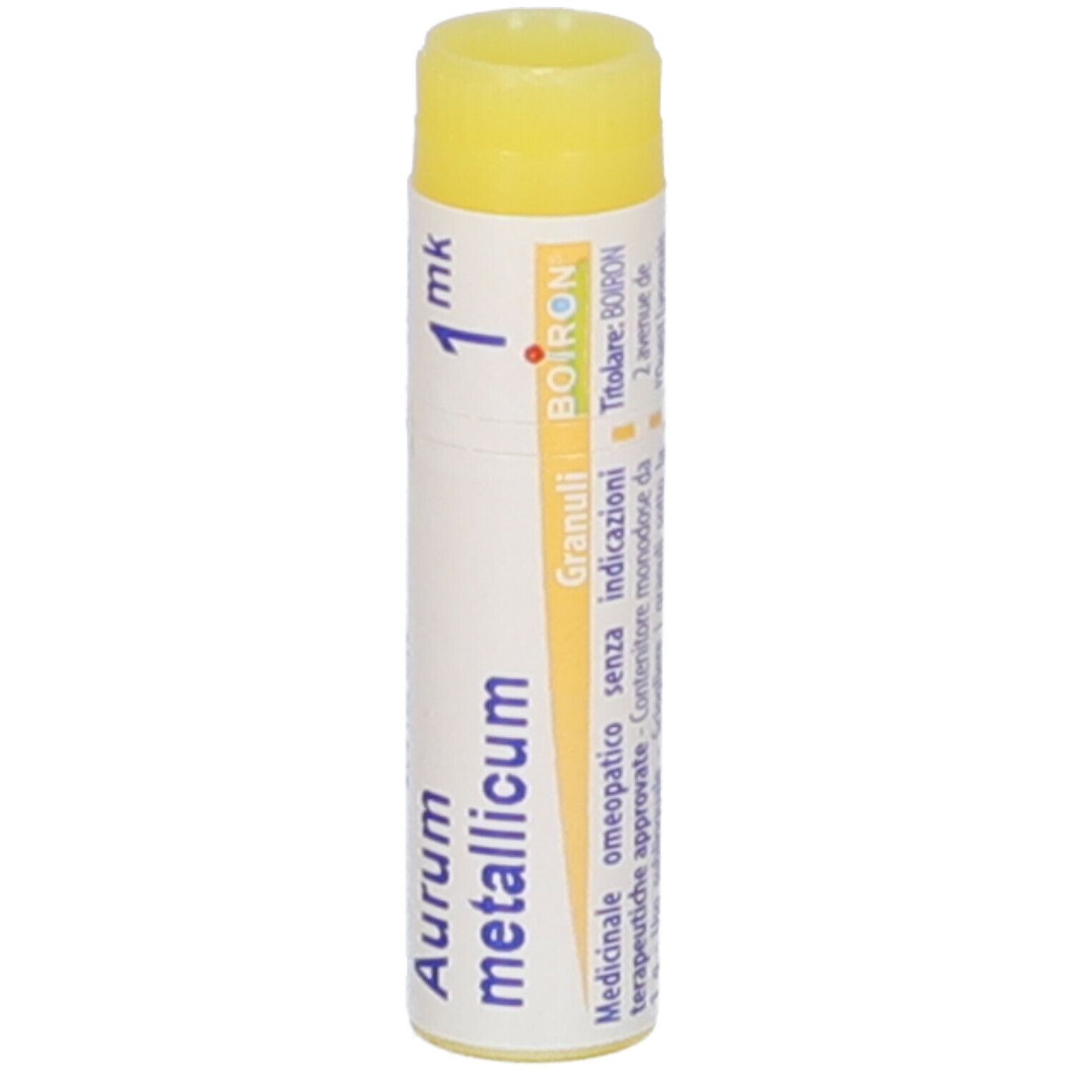Tubo bianco e giallo di Aurum metallicum 1 mk. Informazioni stampate e codice a barre.