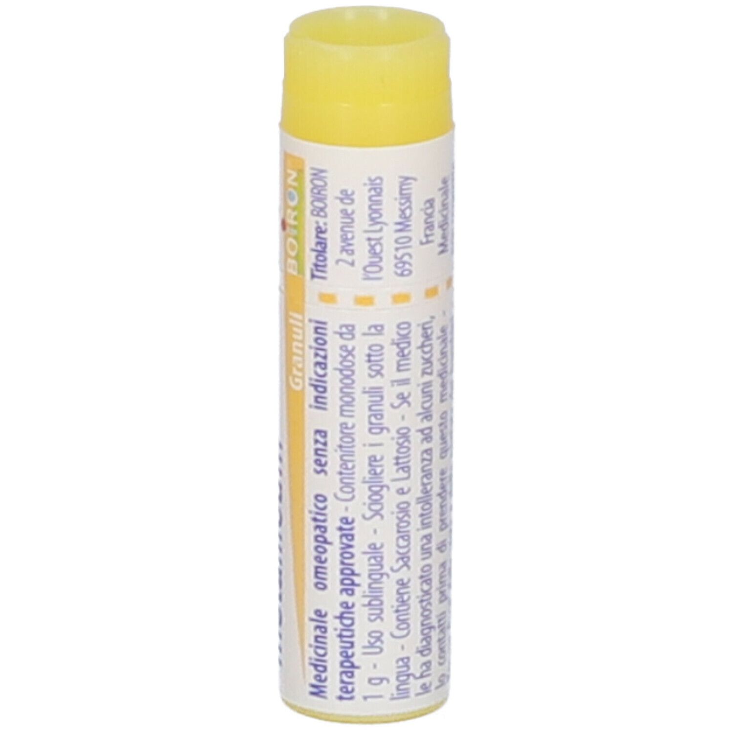 Tubo bianco e giallo di Aurum metallicum Granuli 1 mk Boiron. Scritta del nome e del marchio.