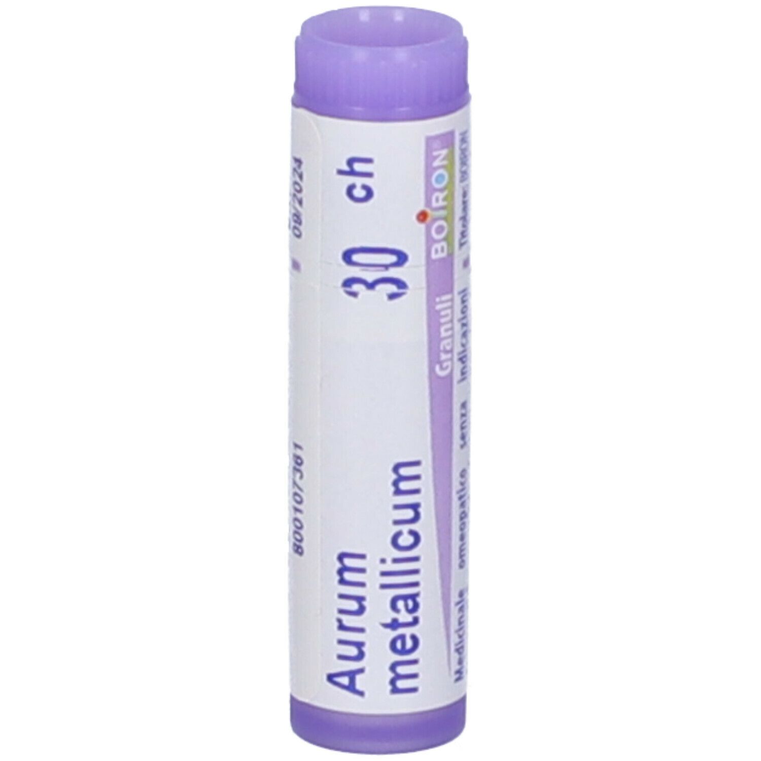 Confezione cilindrica, tappo viola. Scritta: Aurum metallicum 30 ch, BOIRON, Granuli. Scadenza 09/2024.
