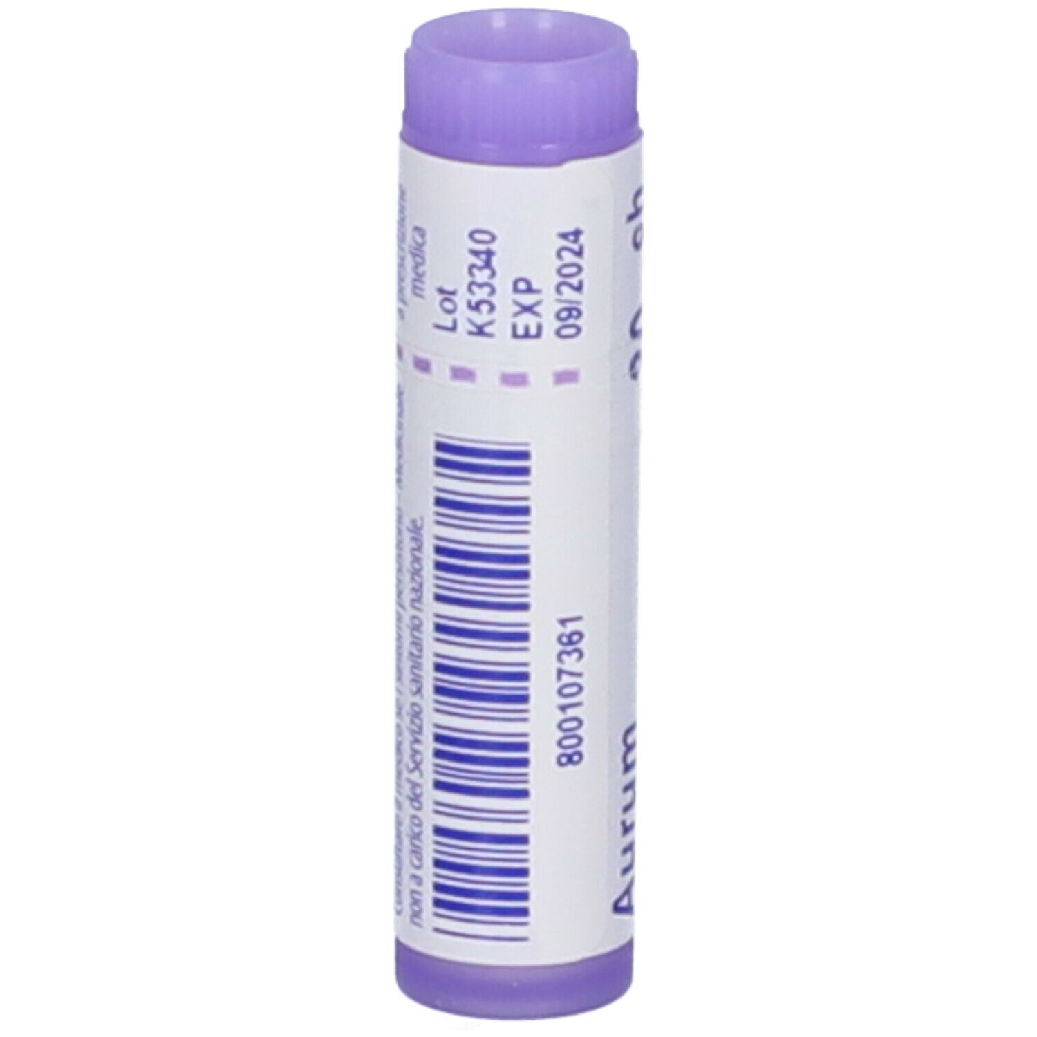 Confezione cilindrica, tappo viola. Scritta: Aurum metallicum, 30 ch, BOIRON, Granuli. Numero di lotto e scadenza.