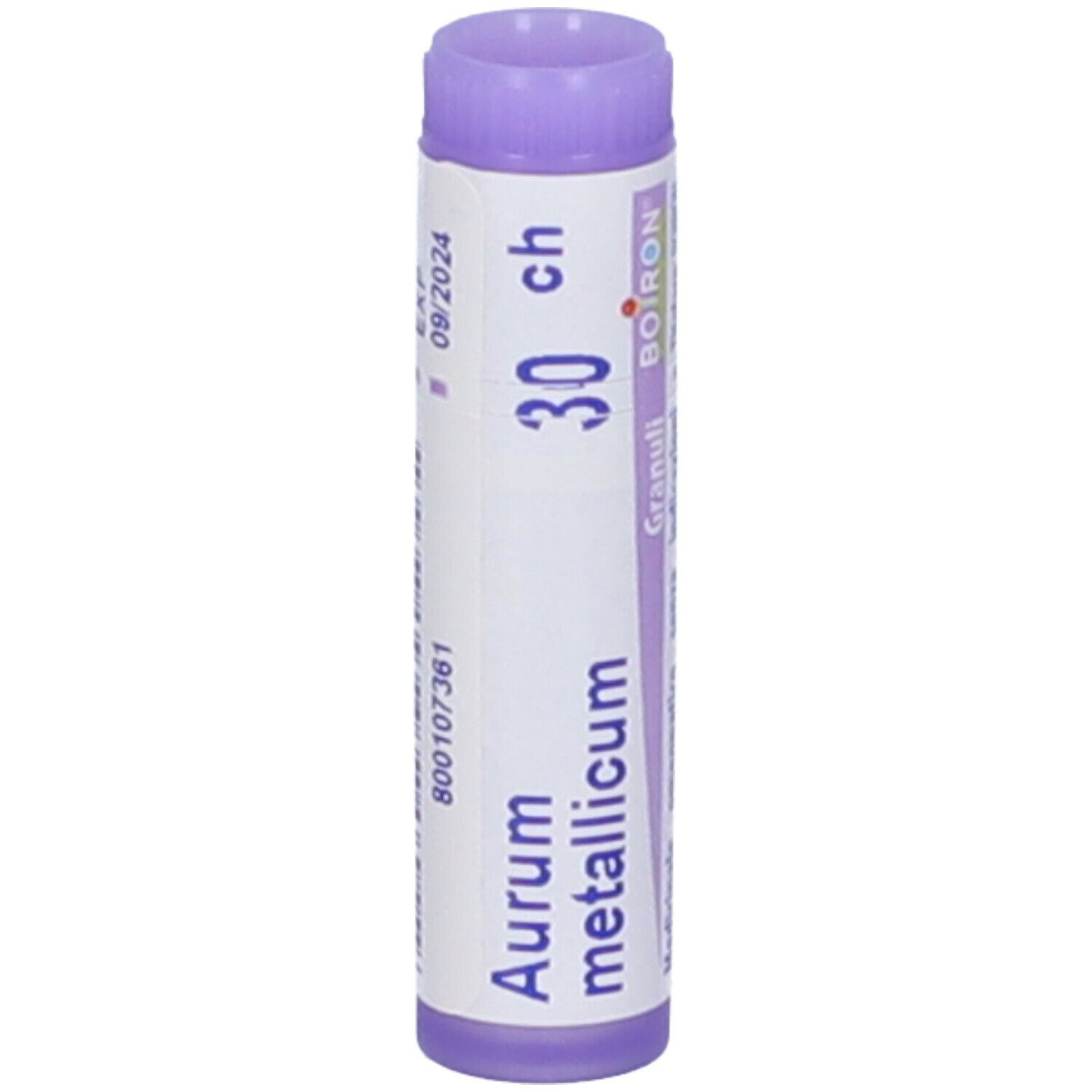 Confezione cilindrica, tappo viola. Scritta: Aurum metallicum, 30 ch, BOIRON, Granuli. Scadenza 09/2024.