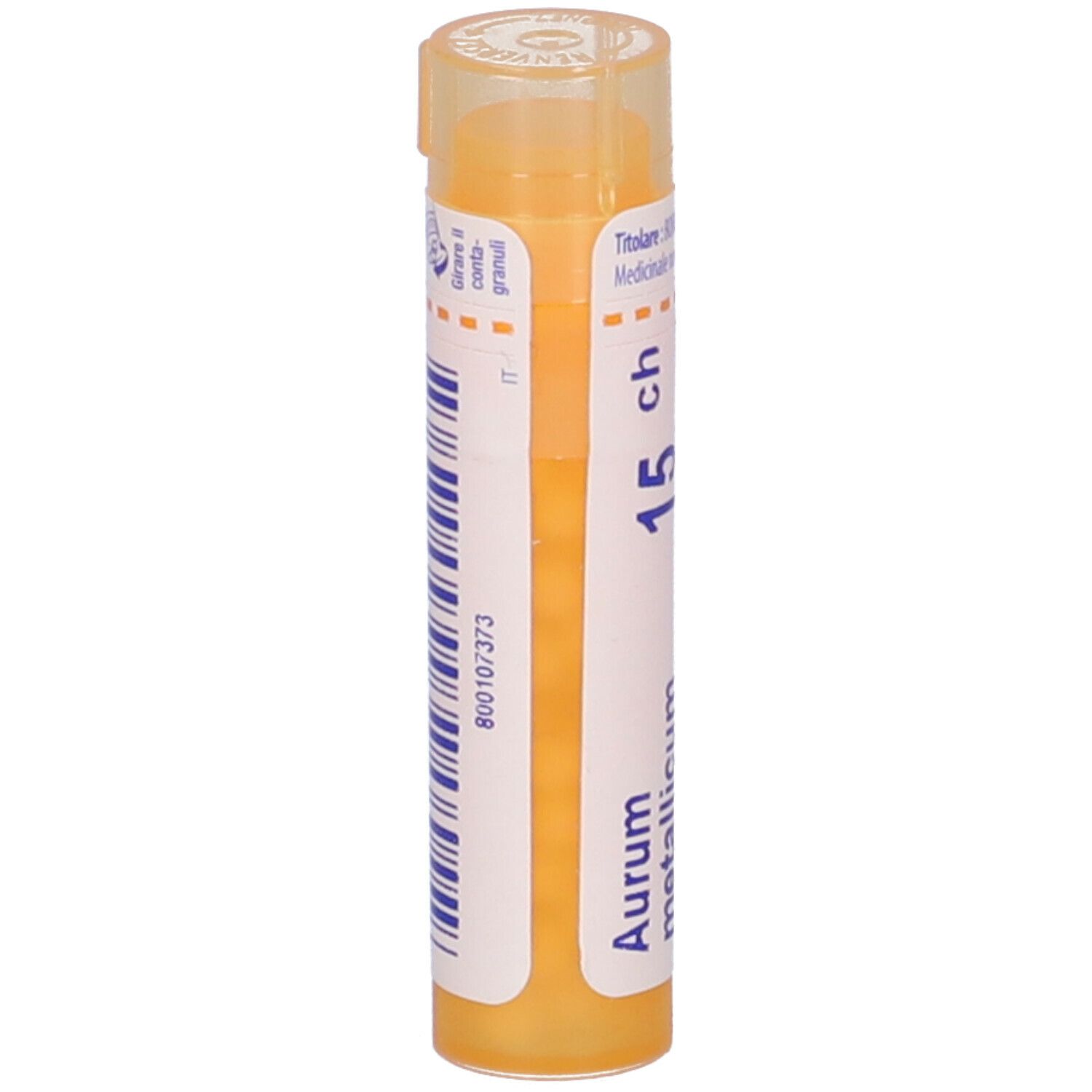 Confezione cilindrica gialla con etichetta. Scritta 'Aurum metallicum 15 ch'.