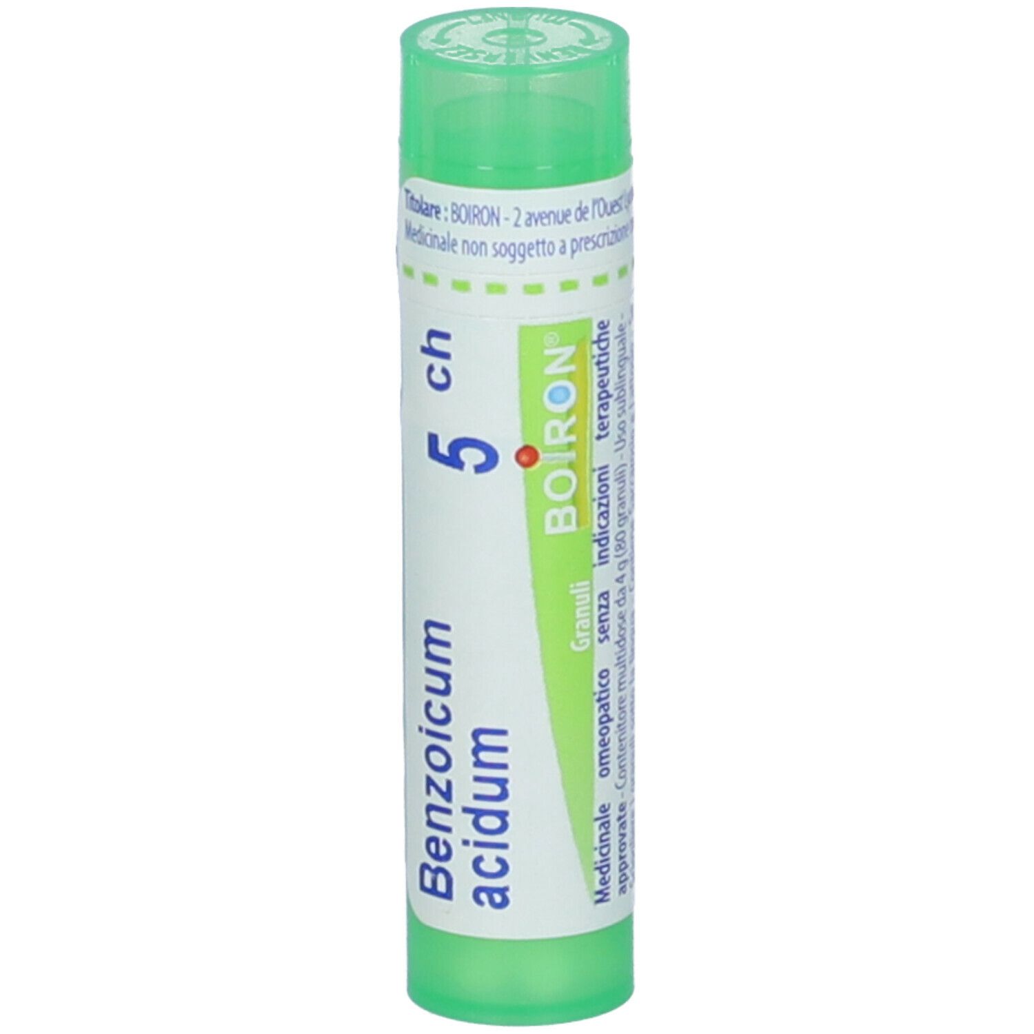 Confezione cilindrica verde. Scritta: Benzoicum acidum 5 ch, BOIRON. Tappo verde.
