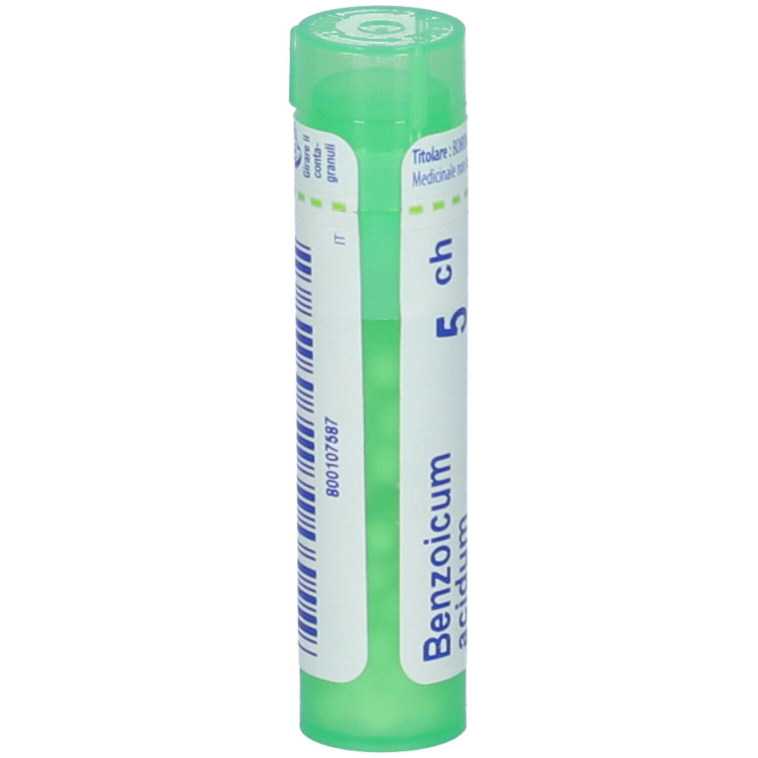 Confezione cilindrica verde. Scritta: Benzoicum acidum 5 ch. Codice a barre e informazioni.