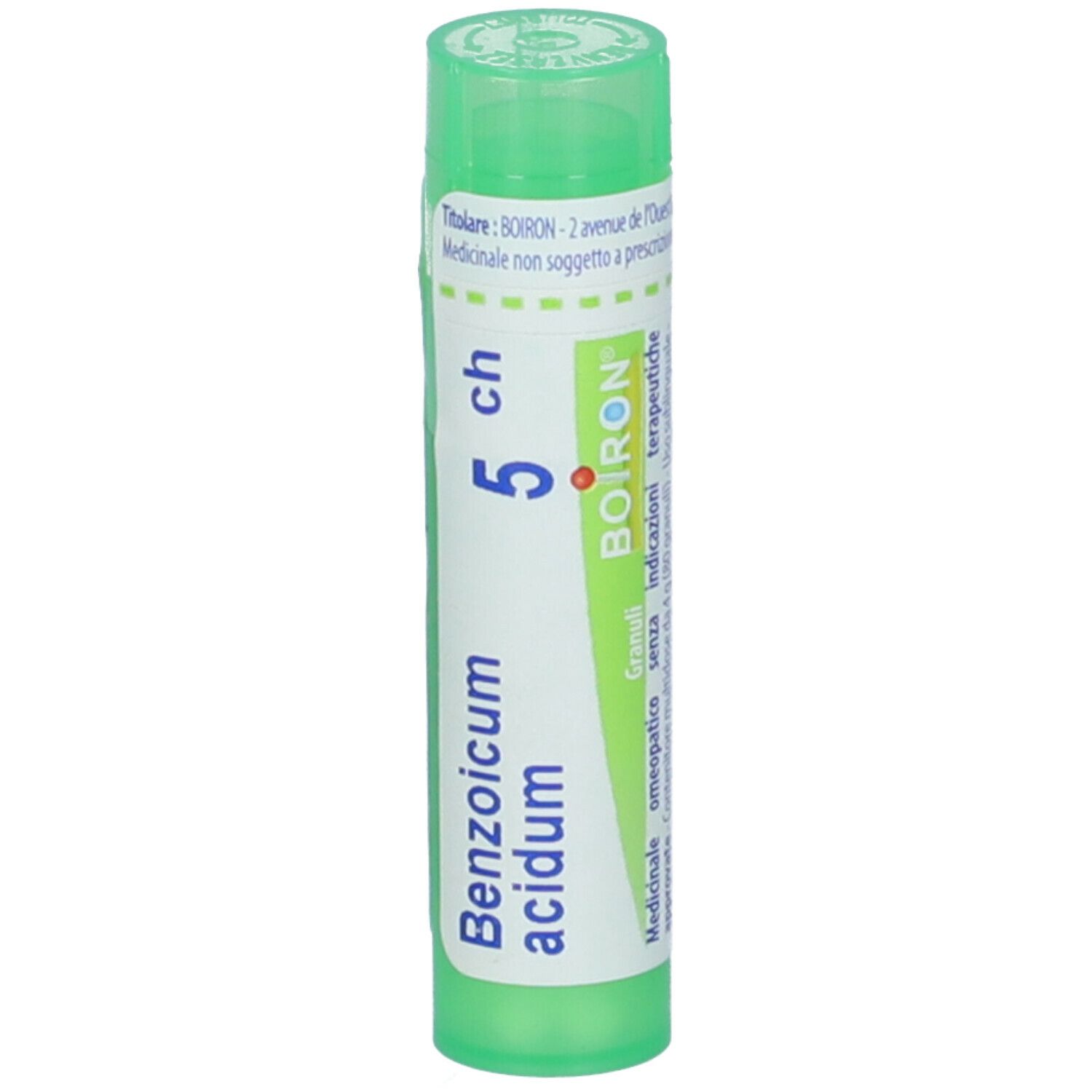 Confezione cilindrica verde. Scritta: Benzoicum acidum 5 ch, BOIRON. Tappo verde.