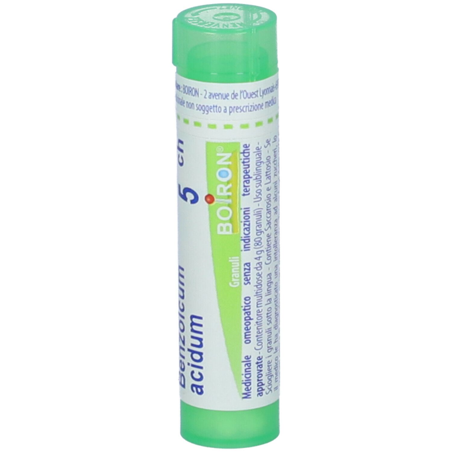 Confezione cilindrica verde. Scritta: Benzoicum acidum 5 ch, BOIRON. Informazioni aggiuntive.