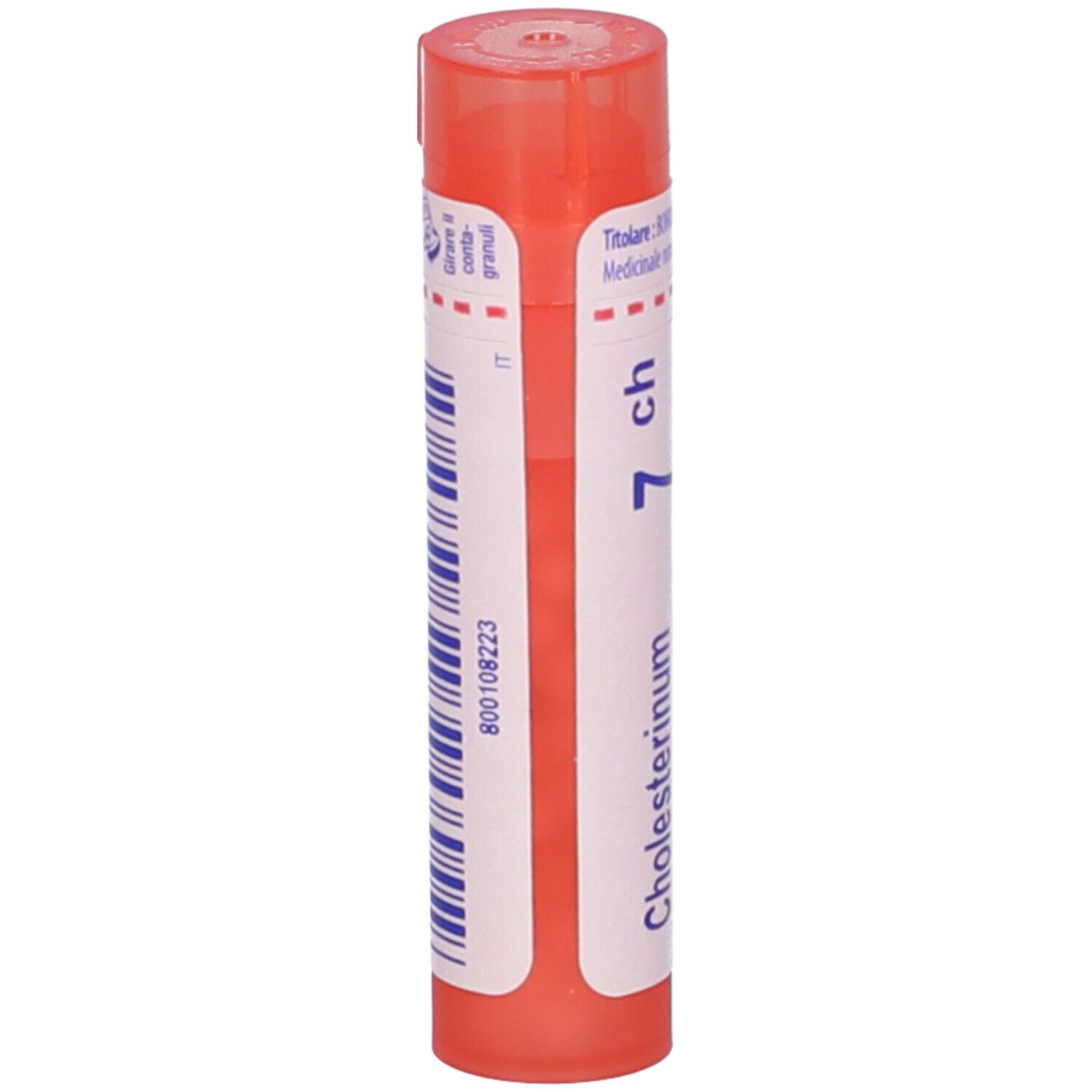 Tubo cilindrico rosso. Scritta: Cholesterinum 7 ch. Etichetta bianca con testo blu e codice a barre.