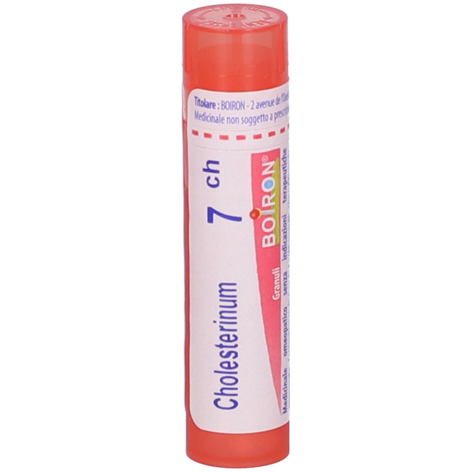 Tubo cilindrico rosso. Scritta: Cholesterinum 7 ch, BOIRON. Etichetta bianca con testo blu.