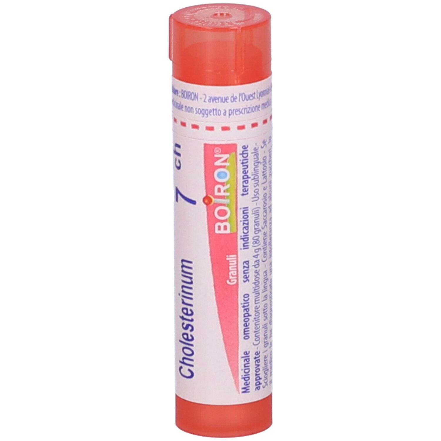 Tubo cilindrico rosso. Scritta: Cholesterinum 7 ch, BOIRON. Etichetta bianca con testo blu.