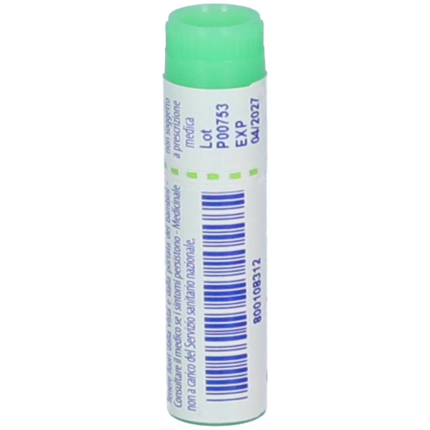Tubo cilindrico con tappo verde. Scritta: Cocculus indicus 200 ch, EXP 04/2027, codice a barre.