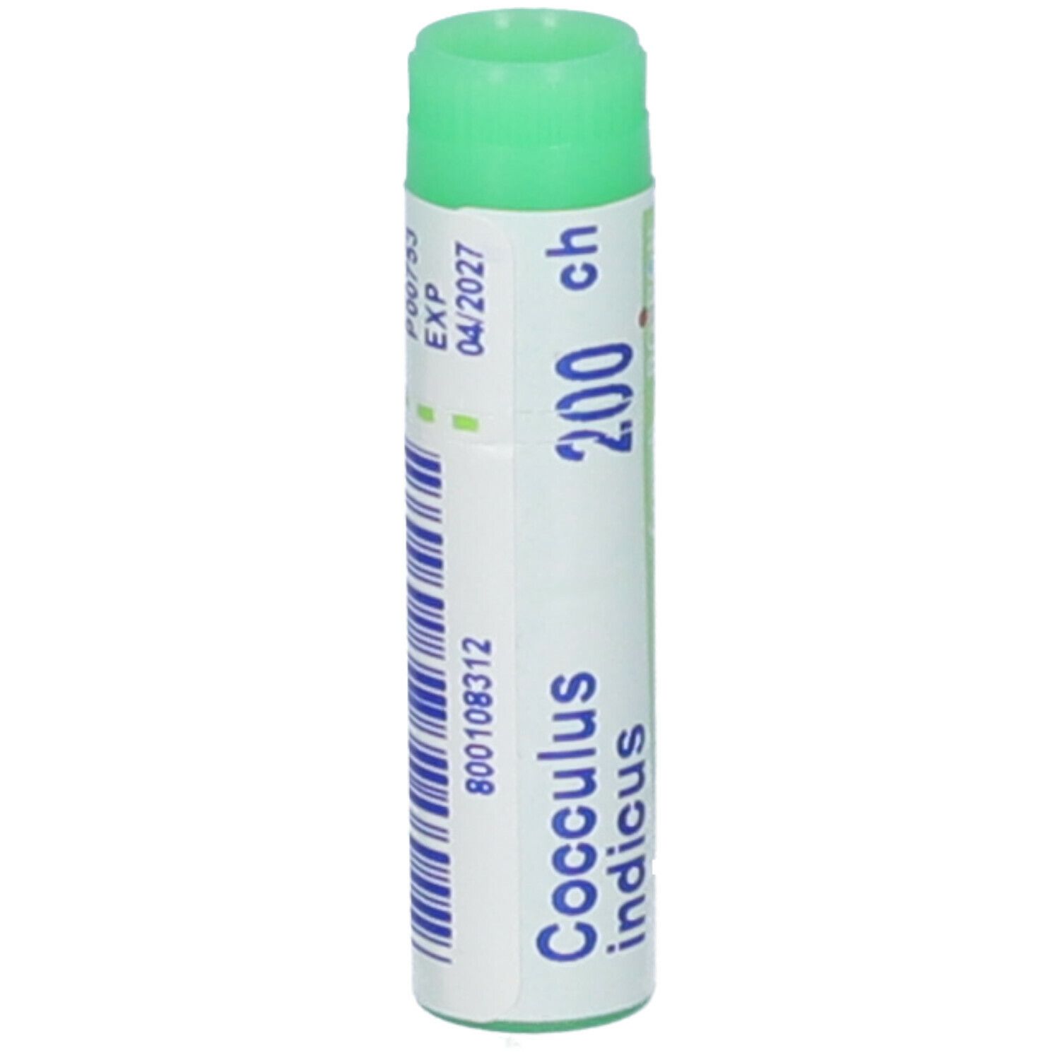 Tubo cilindrico con tappo verde. Scritta: Cocculus indicus 200 ch, EXP 04/2027, codice a barre.