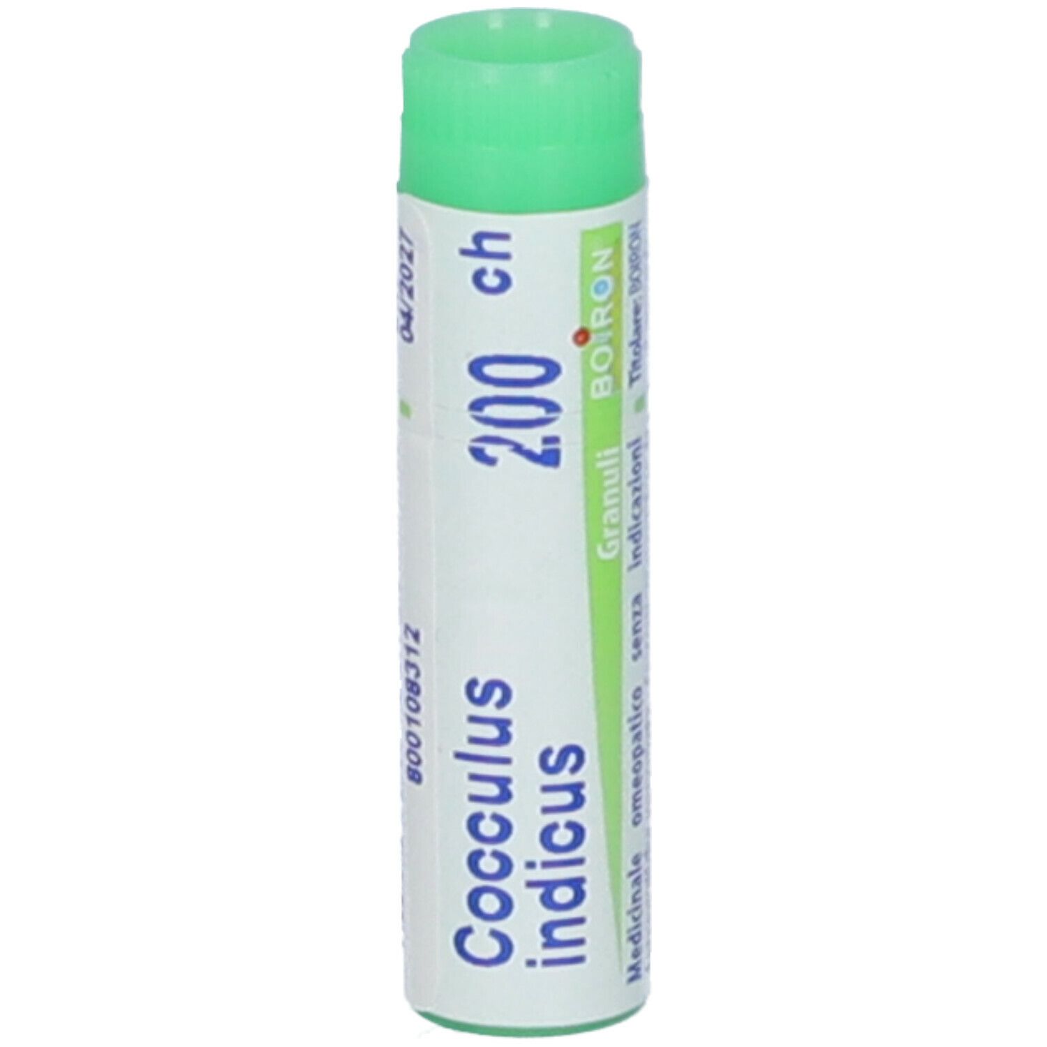Tubo cilindrico con tappo verde. Scritta: Cocculus indicus 200 ch, EXP 06/2021, BOIRON.