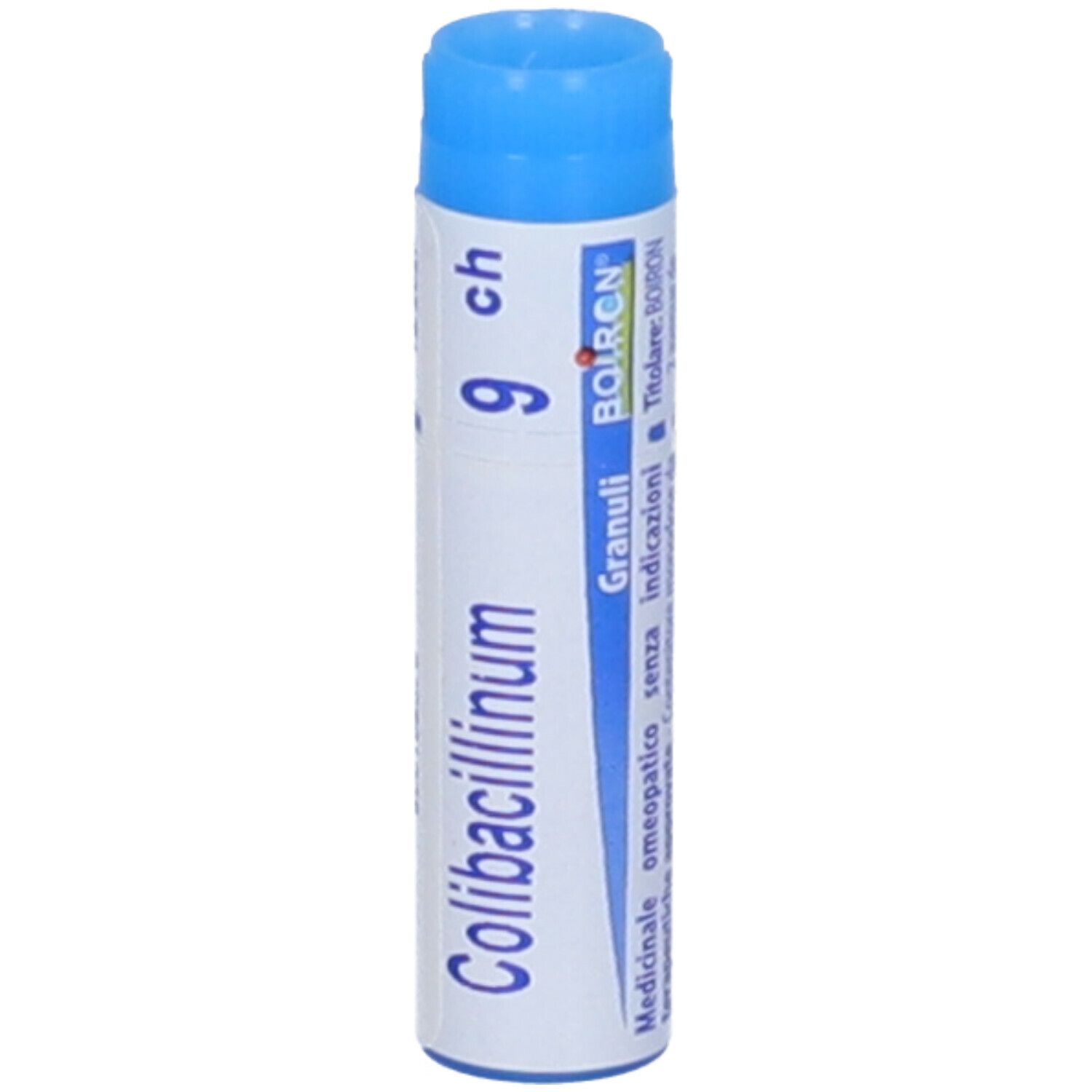 Confezione cilindrica con tappo blu. Scritta: Colibacillinum 9 ch, Granuli, BOIRON.