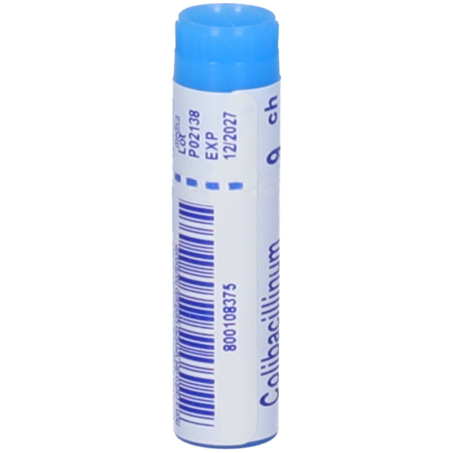 Confezione cilindrica con tappo blu. Scritta: Colibacillinum 9 ch, codice a barre, EXP 12/2027.