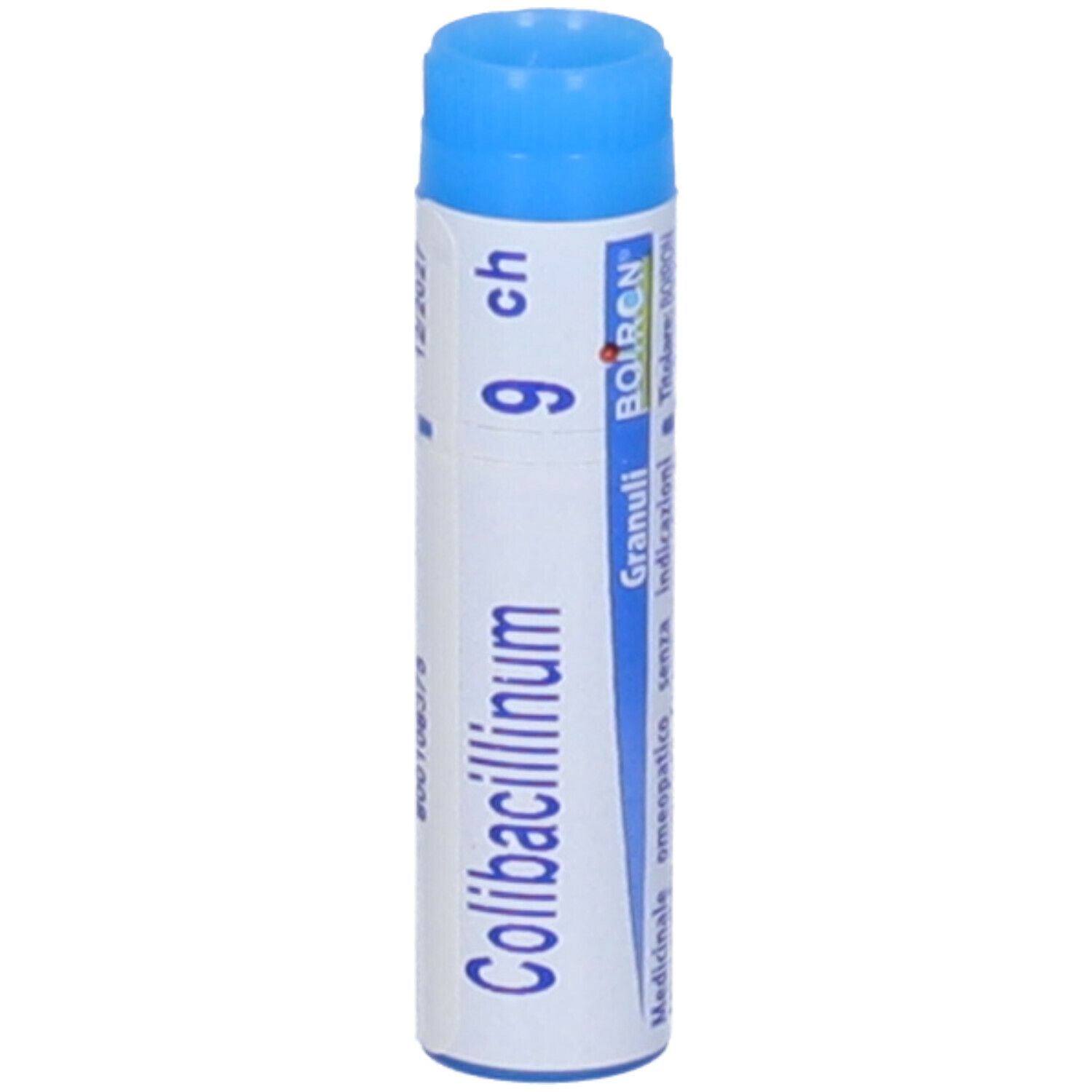 Confezione cilindrica con tappo blu. Scritta: Colibacillinum 9 ch, Granuli, BOIRON.