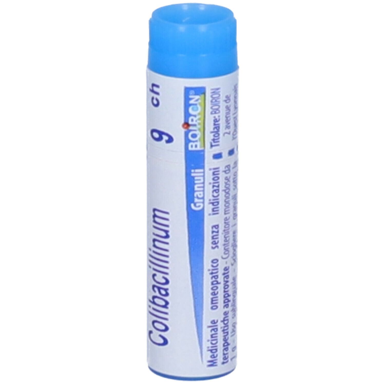 Confezione cilindrica con tappo blu. Scritta: Colibacillinum 9 ch, BOIRON, Granuli.
