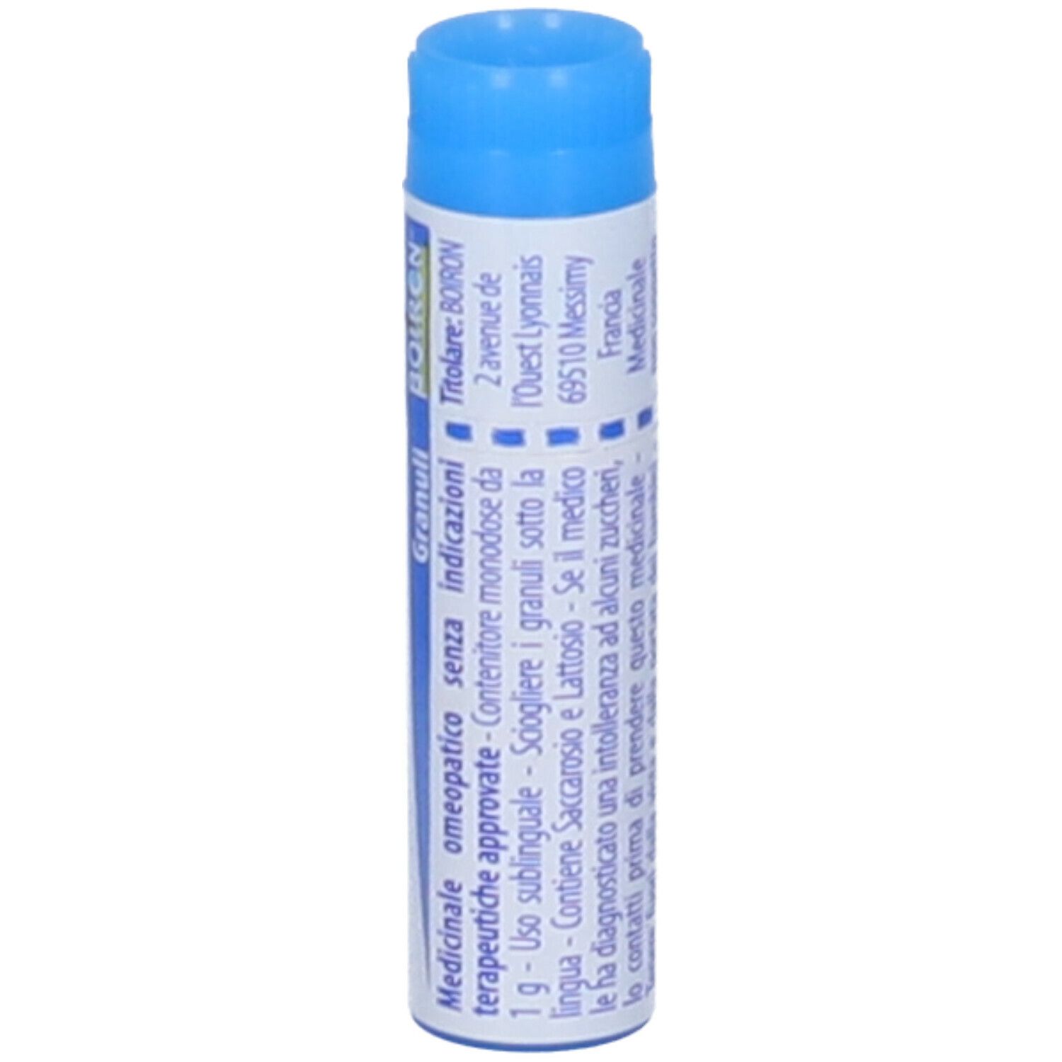Confezione cilindrica con tappo blu. Scritta: Colibacillinum 9 ch, BOIRON, Granuli, testo.