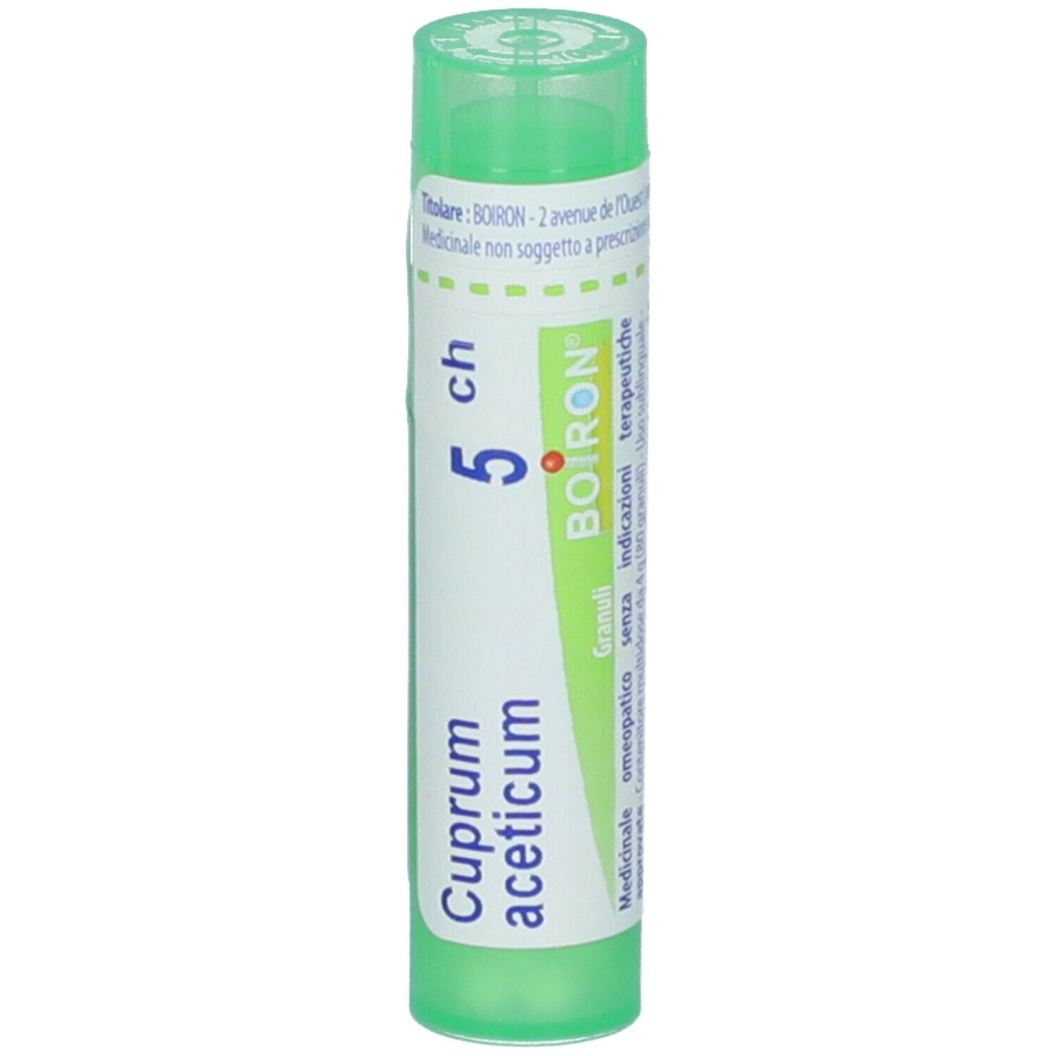 Confezione cilindrica verde con etichetta bianca. Scritta: Cuprum aceticum 5 ch, BOIRON. Granuli.