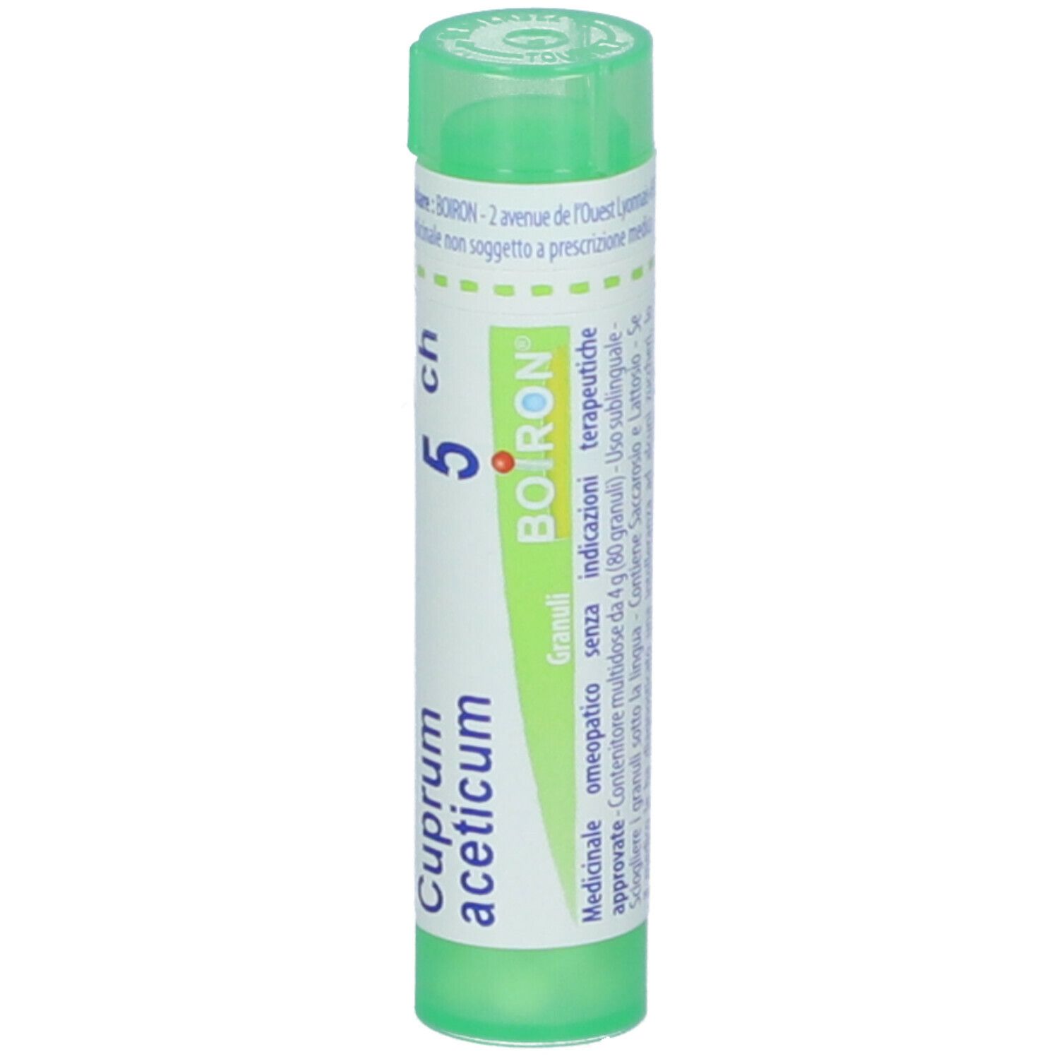 Confezione cilindrica verde con etichetta bianca. Scritta: Cuprum aceticum 5 ch, BOIRON.