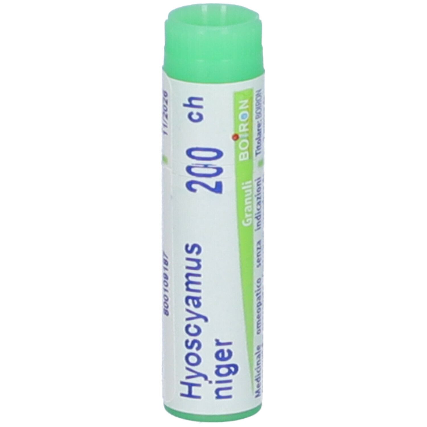 Confezione cilindrica con tappo verde. Scritta: Hyoscyamus niger 200 ch, Granuli, BOIRON. Con data.