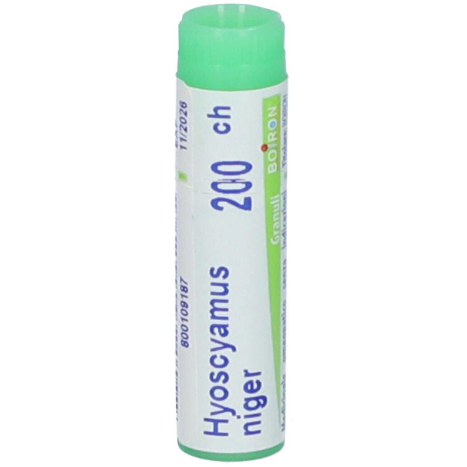 Confezione cilindrica con tappo verde. Scritta: Hyoscyamus niger 200 ch, BOIRON. Con data.