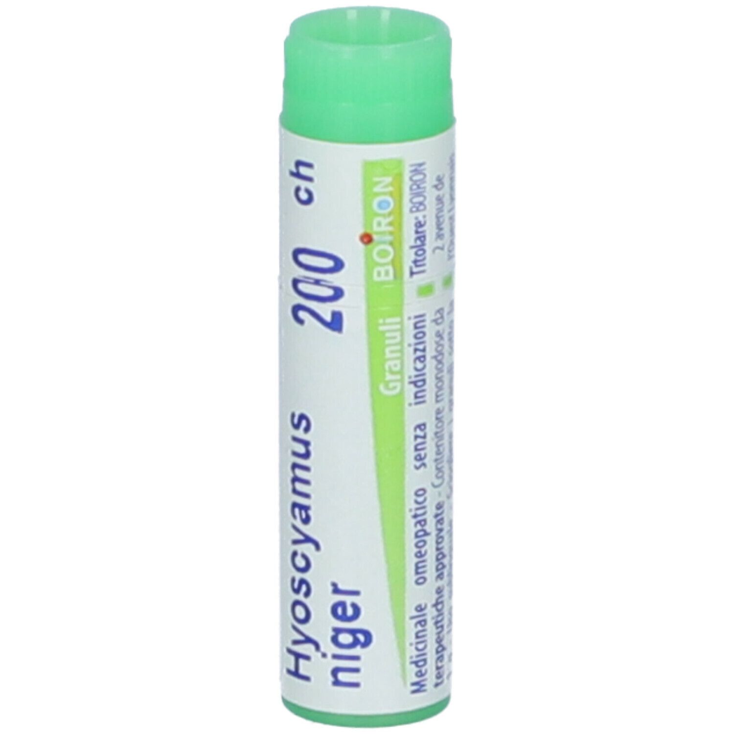Confezione cilindrica con tappo verde. Scritta: Hyoscyamus niger 200 ch, BOIRON. Con testo in italiano.
