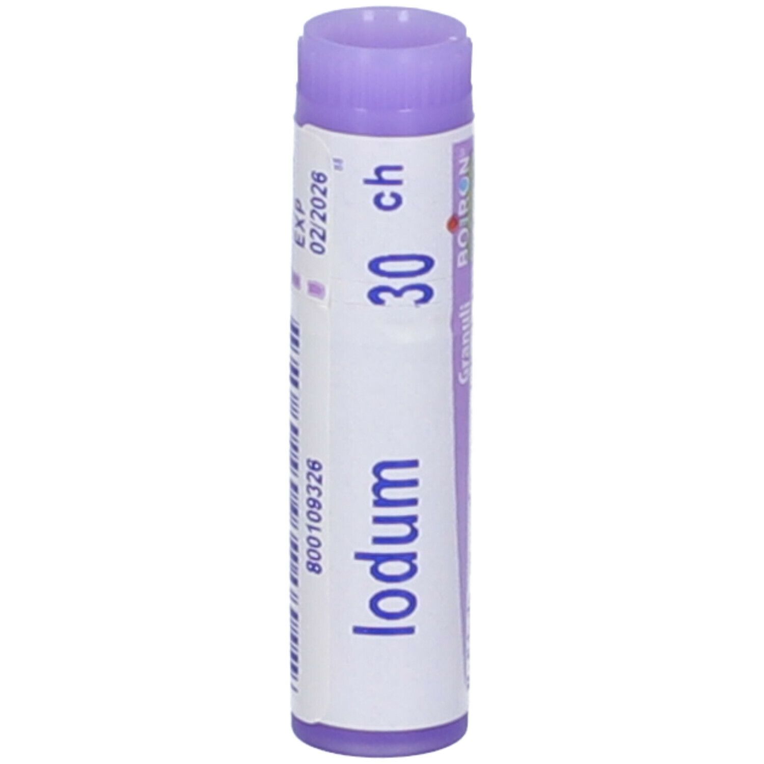 Confezione cilindrica con "Iodum 30 ch". Tappo e testo viola. Marchio BOIRON.