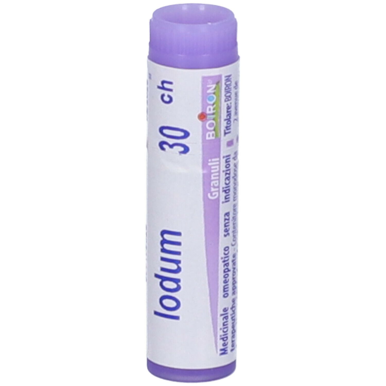 Confezione cilindrica con "Iodum 30 ch". Marchio BOIRON. Etichetta con testo in italiano.