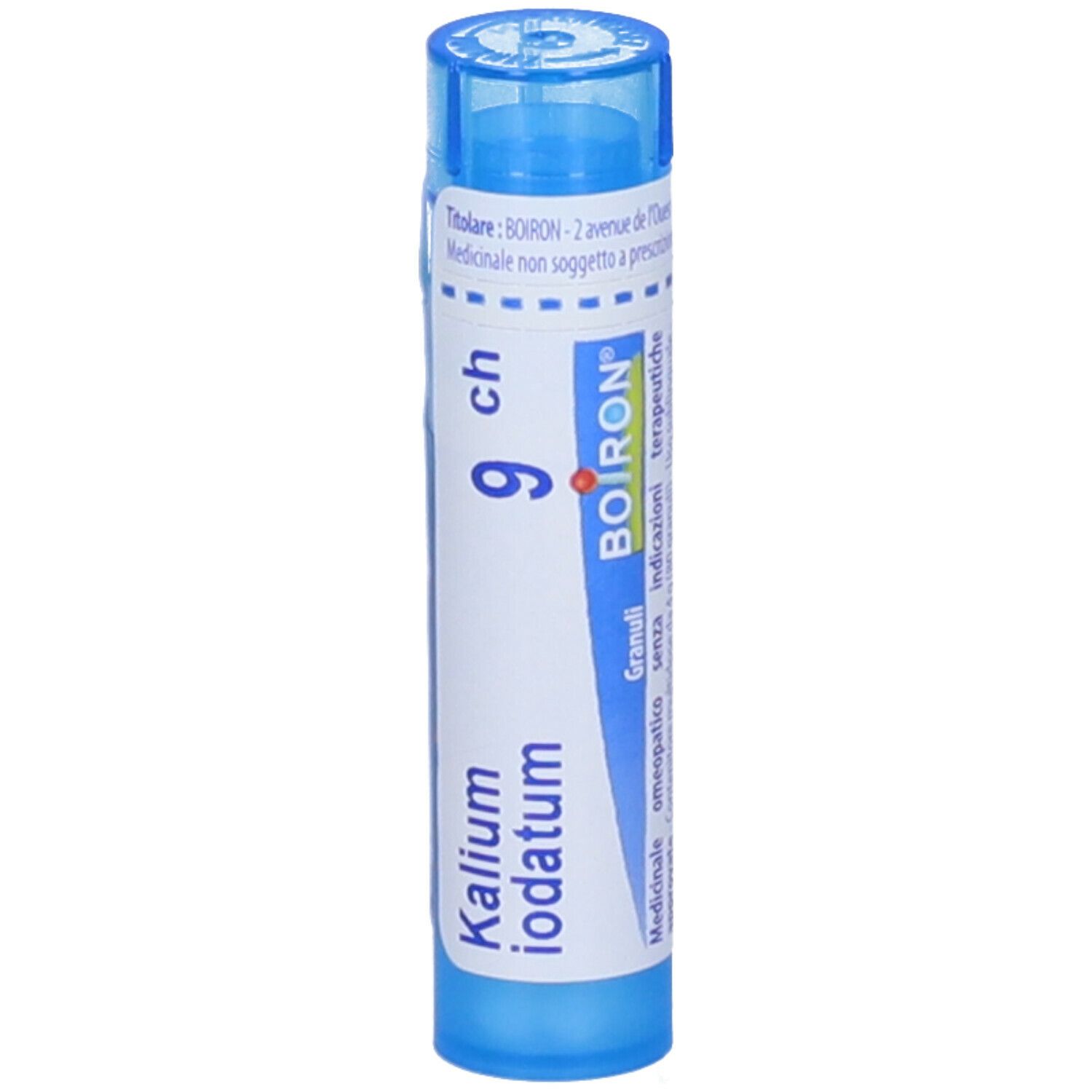 Tubo blu con scritta bianca 'Kalium iodatum 9 ch' e 'BOIRON'.