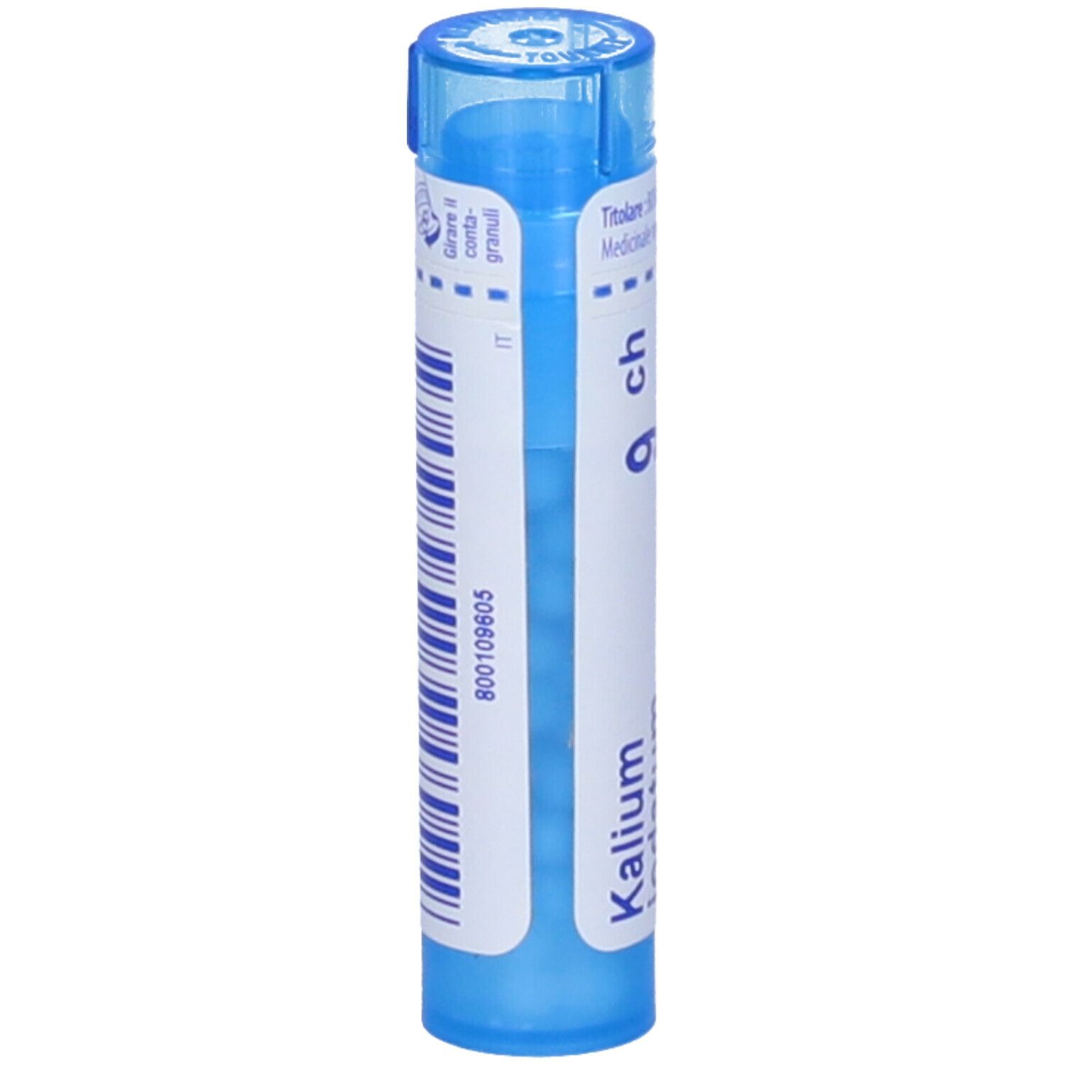 Tubo blu con etichetta bianca. Scritta 'Kalium' e '9 ch'. Codice a barre e informazioni.