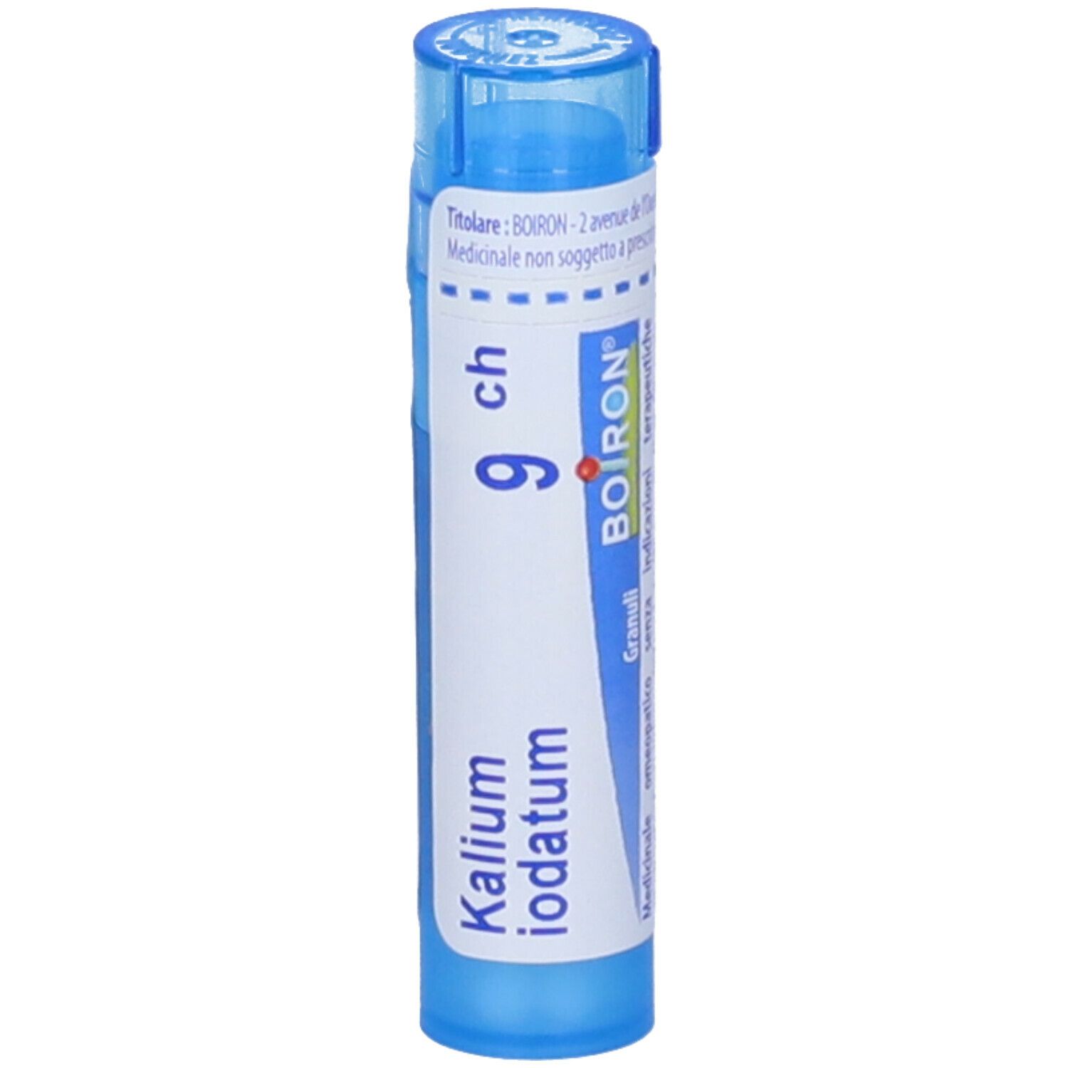 Tubo blu con scritta bianca 'Kalium iodatum 9 ch' e 'BOIRON'.