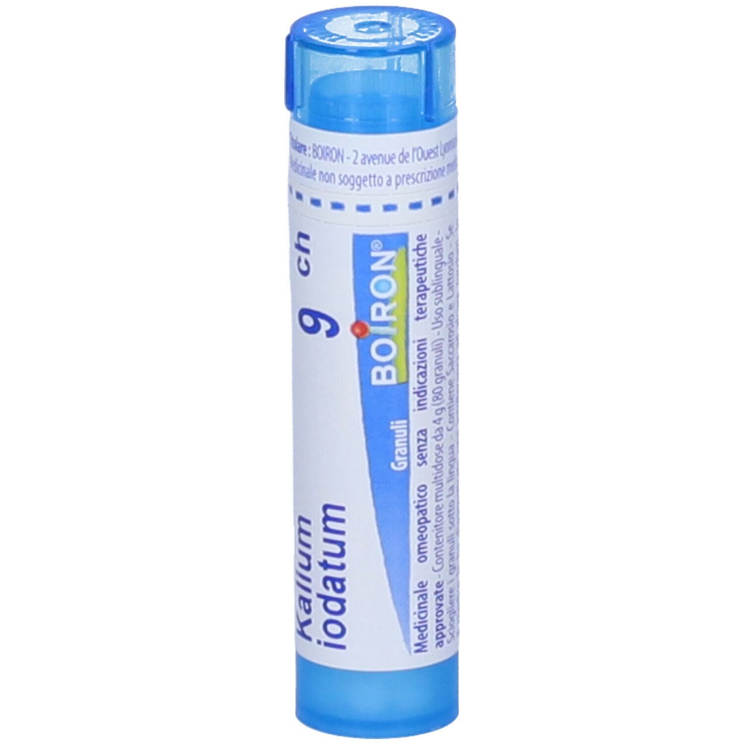 Tubo blu con scritta bianca 'Kalium iodatum 9 ch' e 'BOIRON'.