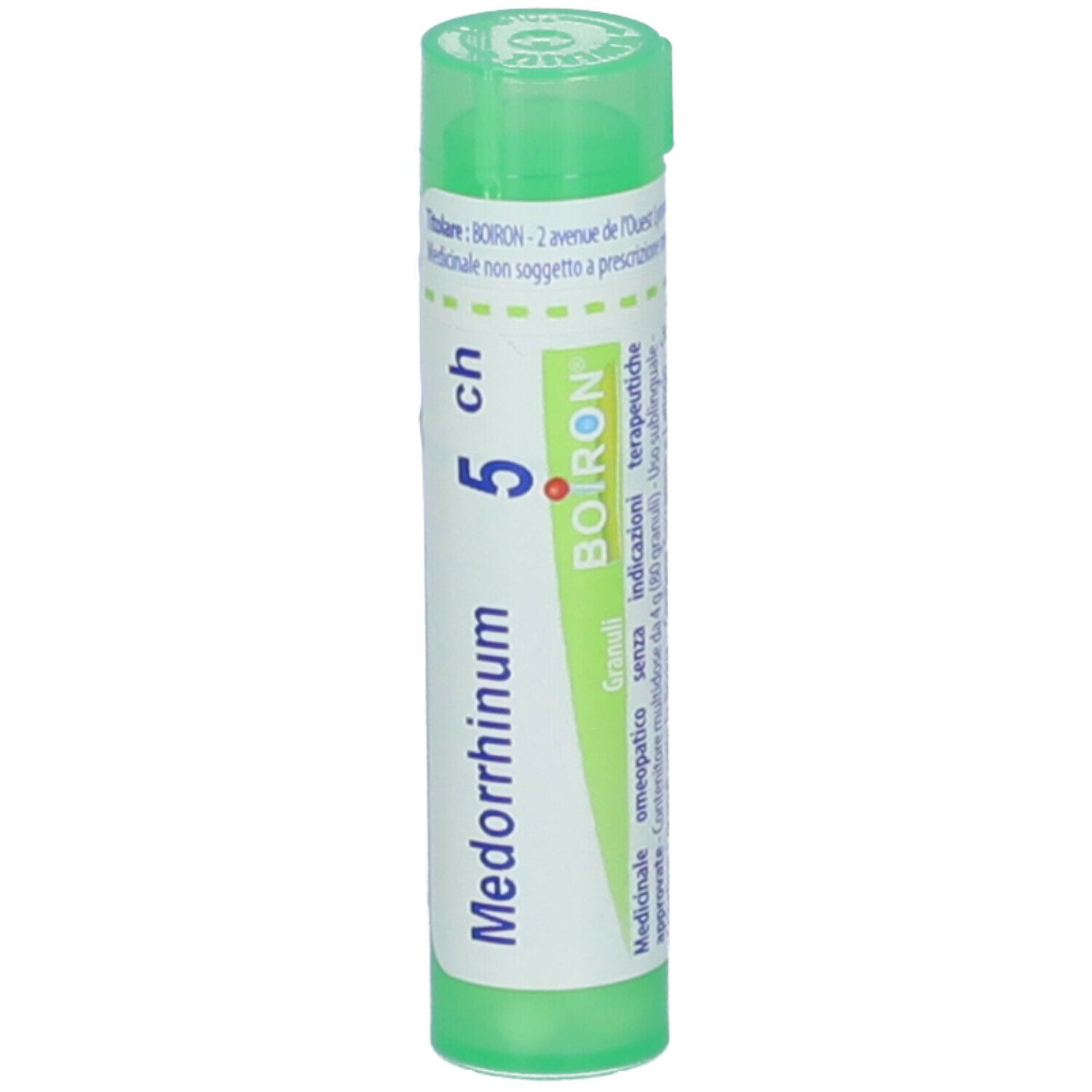 Confezione cilindrica verde. Scritta: Medorrhinum 5 ch, Boiron, Granuli. Informazioni.