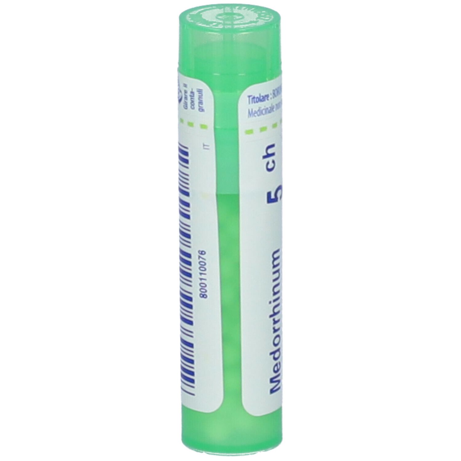 Confezione cilindrica verde. Scritta: Medorrhinum 5 ch. Con codice a barre e informazioni.