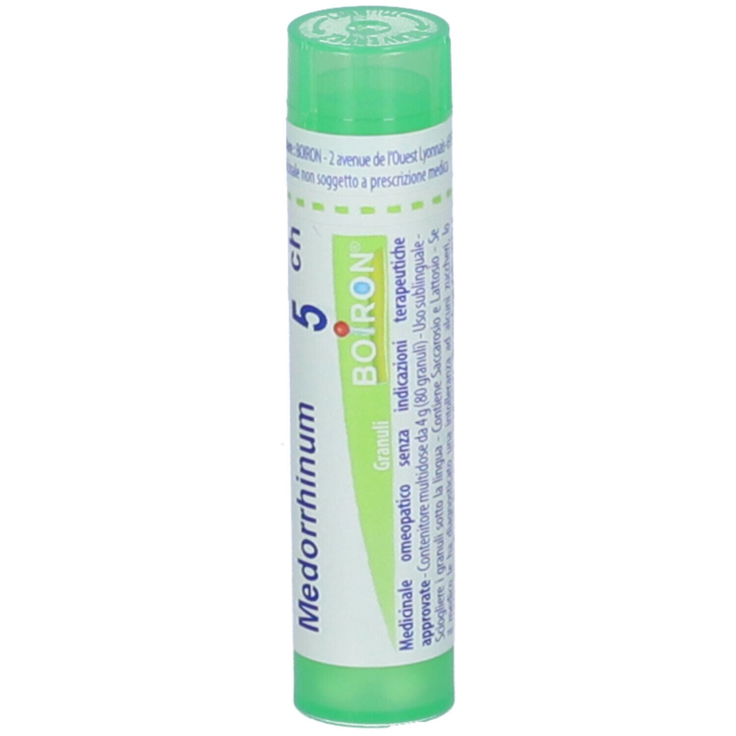 Confezione cilindrica verde. Scritta: Medorrhinum 5 ch, Boiron. Con informazioni.