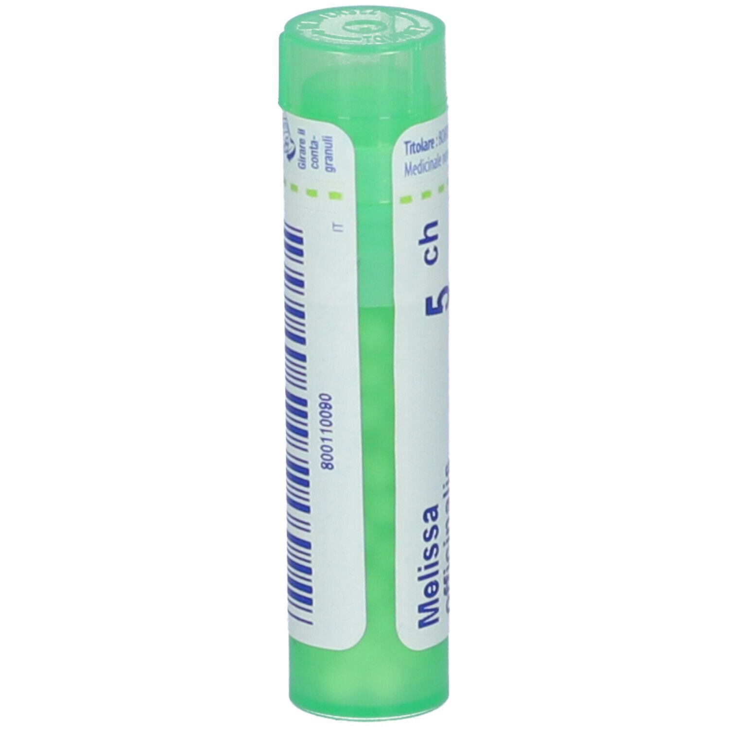 Confezione cilindrica verde. Scritta: Melissa officinalis, 5 ch, Boiron. Codice a barre e info.