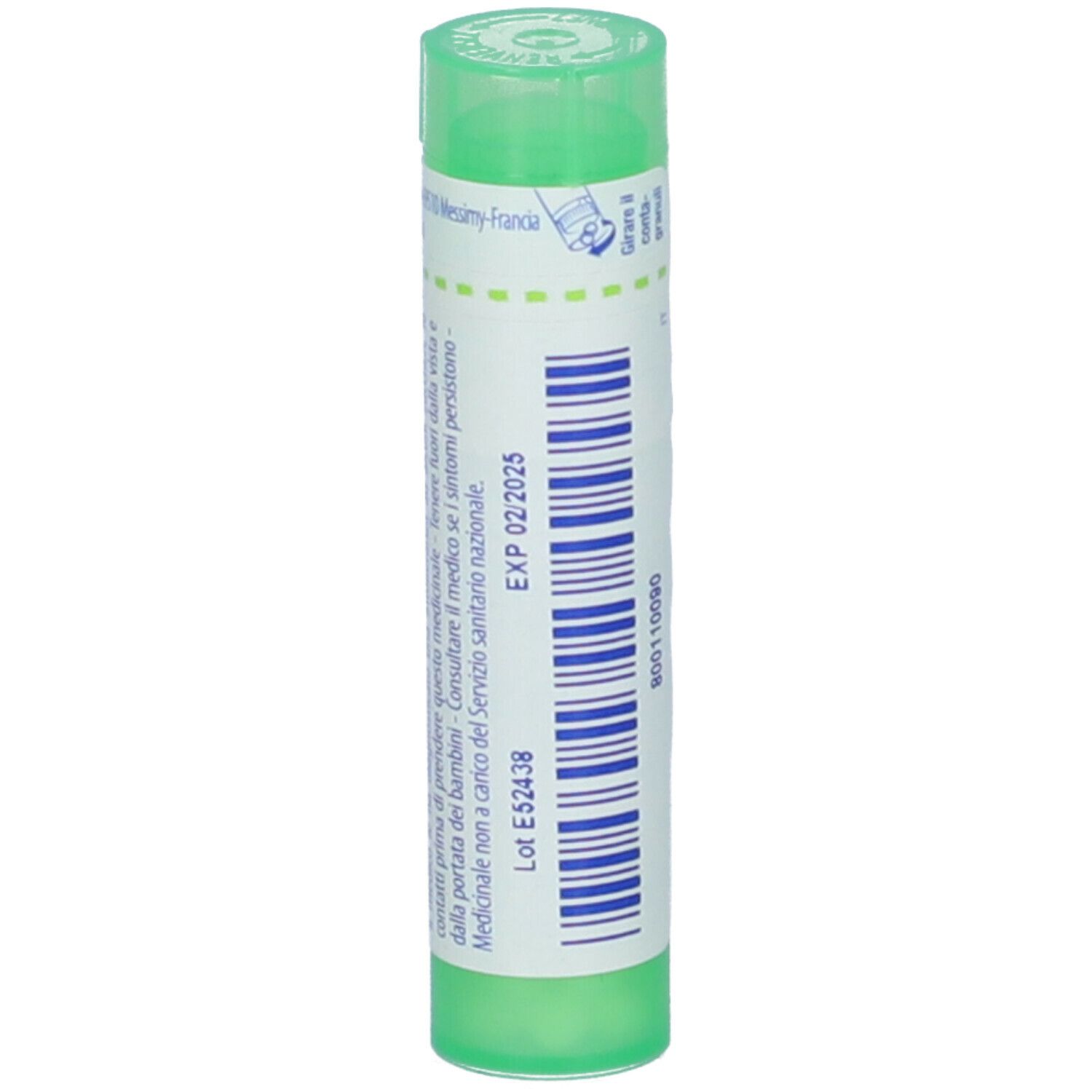 Confezione cilindrica verde. Scritta: Melissa officinalis, 5 ch, Boiron. Scadenza: 02/2025.