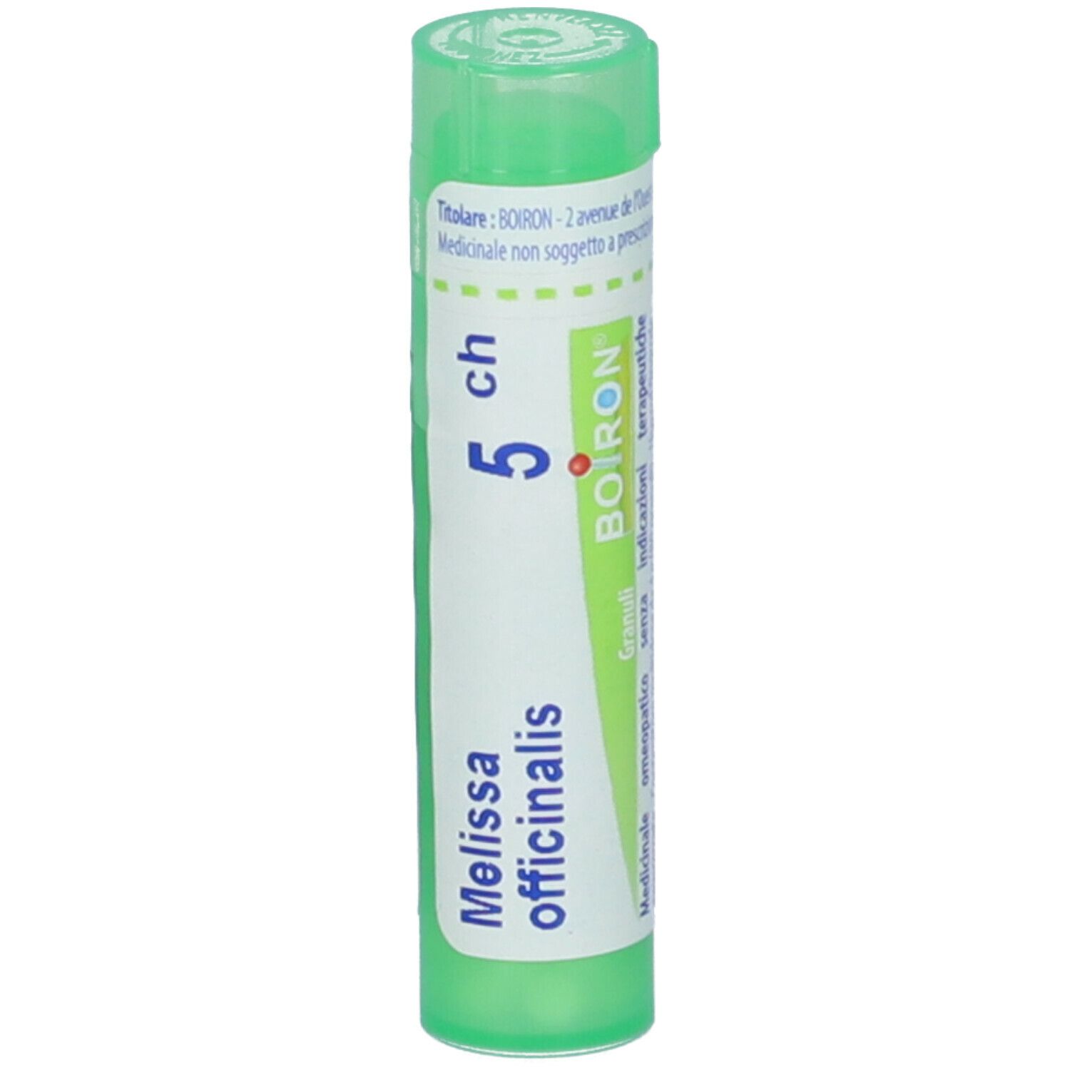 Confezione cilindrica verde. Scritta: Melissa officinalis, 5 ch, Boiron. Medicinale.